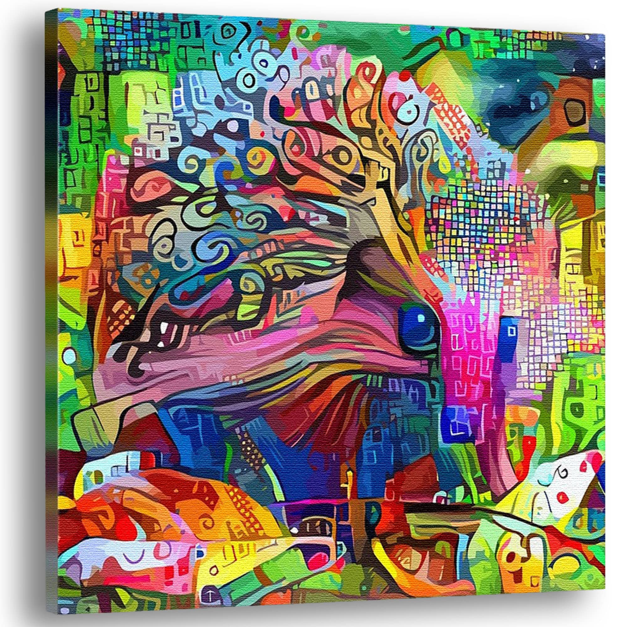 Vibrant colorful abstract cute hedgehog woodland animal artwork on canvas in modern minimalist wall decor setting