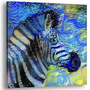 Abstract zebra portrait with swirling blue and yellow starry night style background printed on canvas wall art