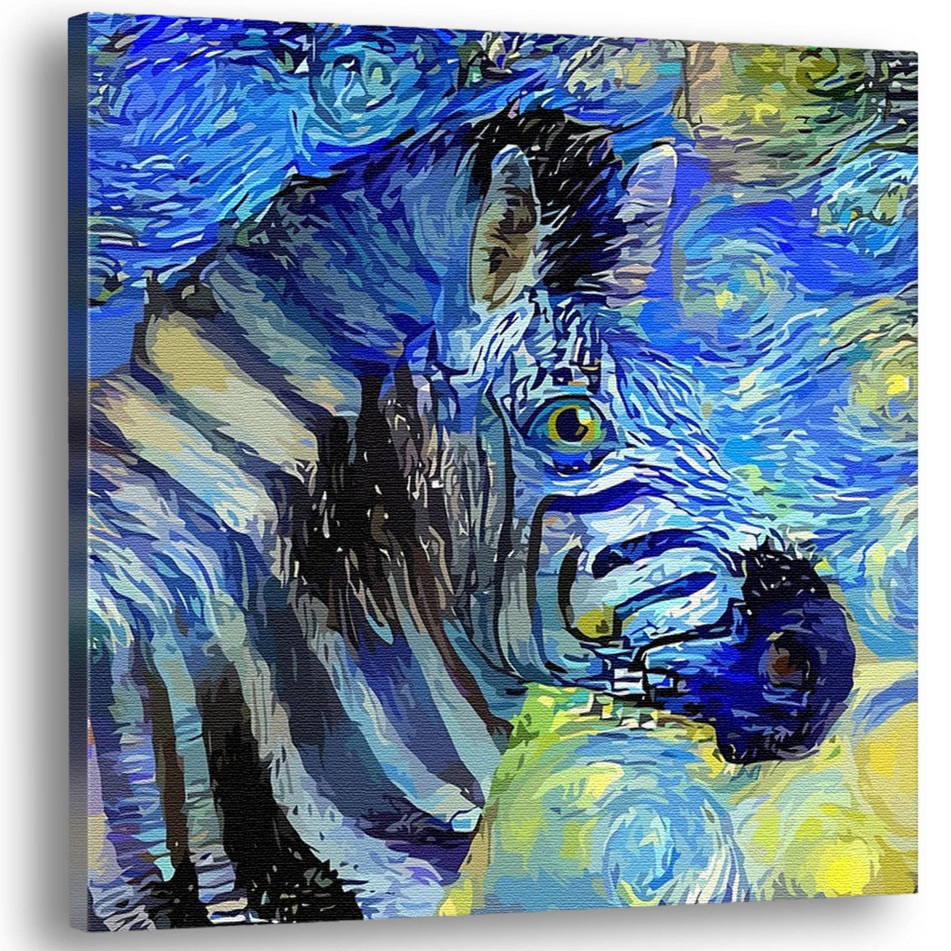 Abstract zebra portrait with swirling blue and yellow starry night style background printed on canvas wall art