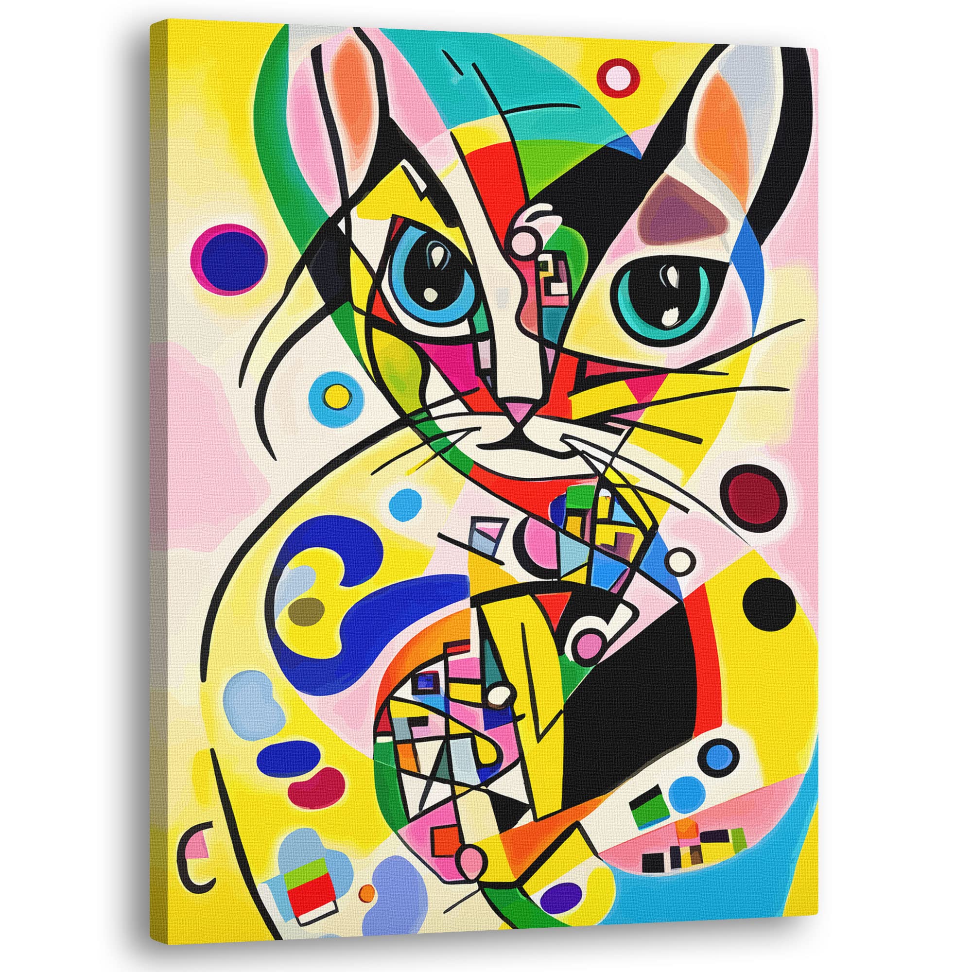 Colorful funky abstract cat wall art with geometric shapes bold lines and bright blues yellows and pinks on vibrant canvas
