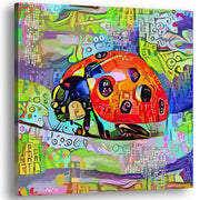 Abstract ladybug wall artwork with bright multicolor geometric patterns on textured canvas in vibrant modern decor setting