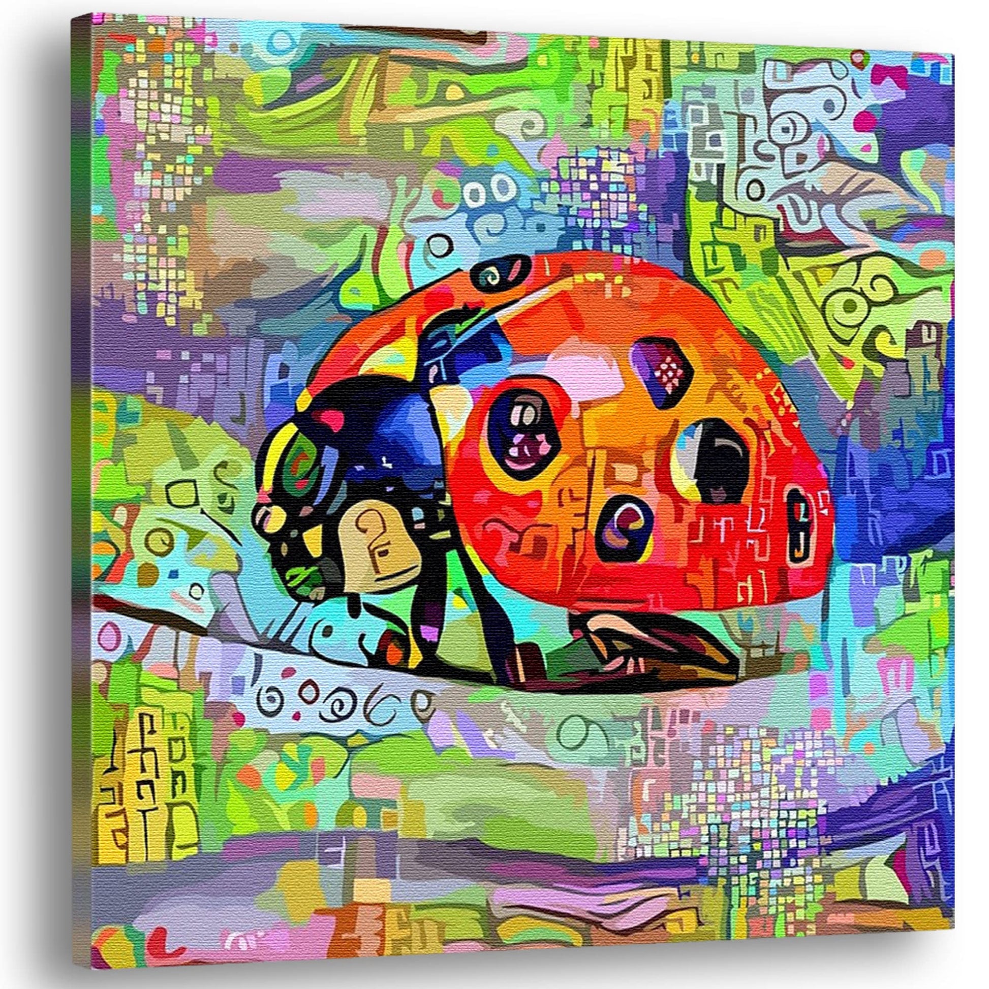 Abstract ladybug wall artwork with bright multicolor geometric patterns on textured canvas in vibrant modern decor setting
