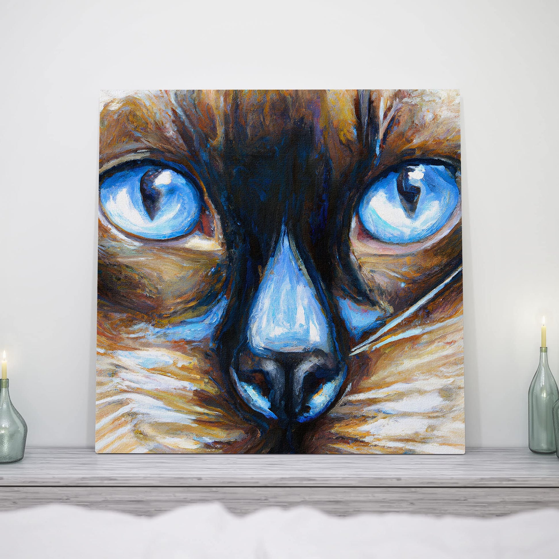 Close-up Siamese cat wall art drawing with vivid bright blue eyes and textured brush strokes on square canvas on wooden shelf