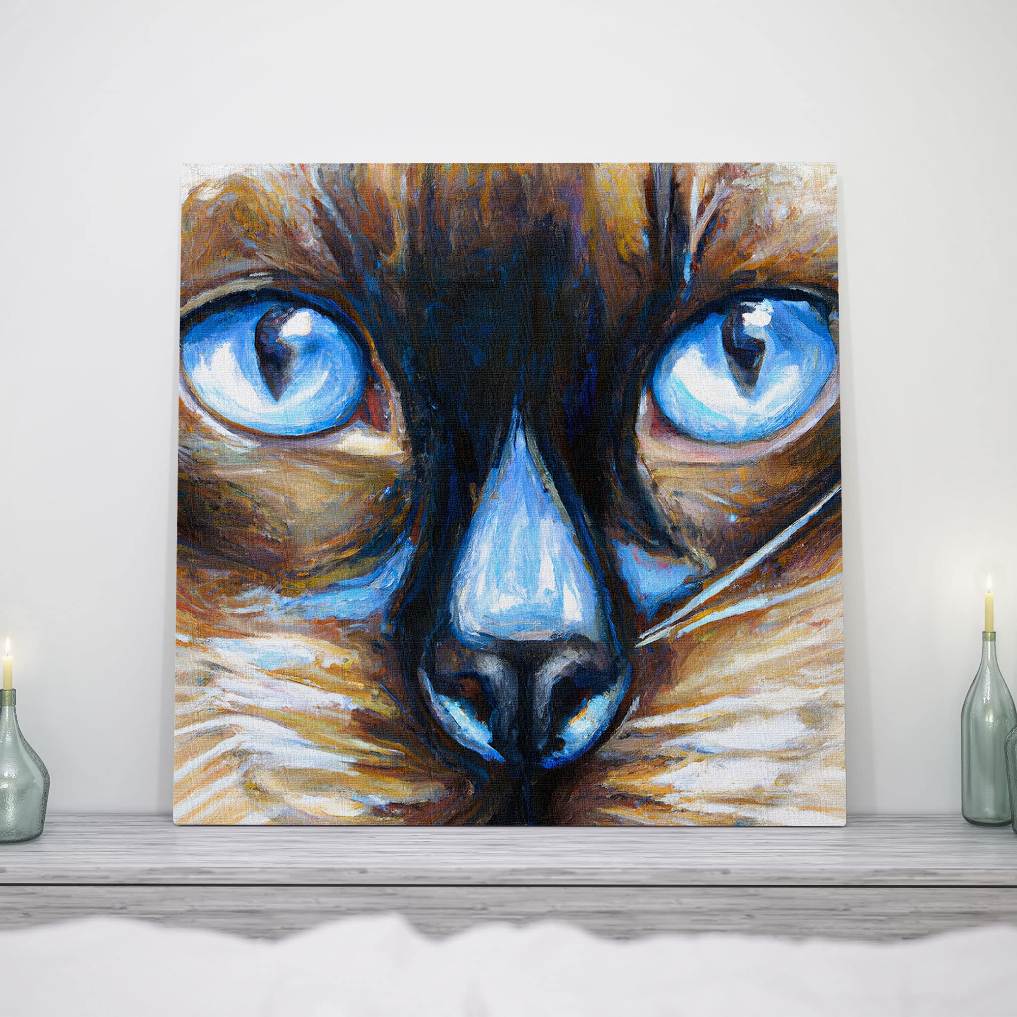 Close-up Siamese cat wall art drawing with vivid bright blue eyes and textured brush strokes on square canvas on wooden shelf