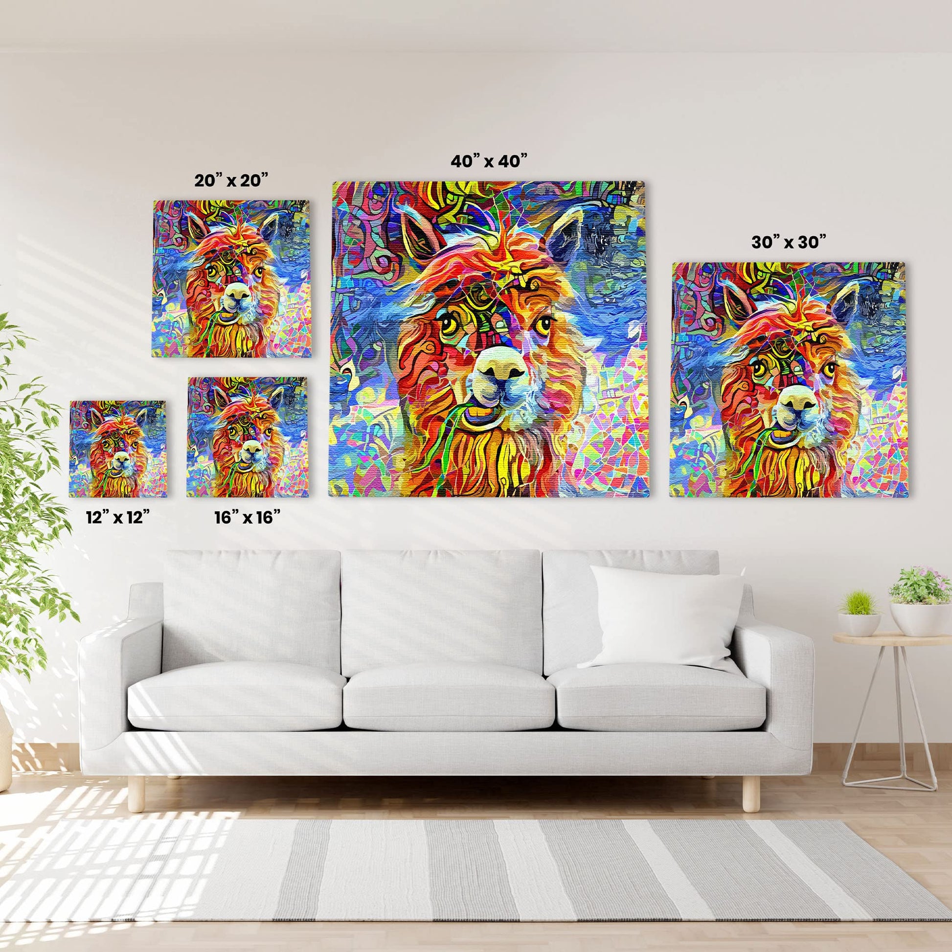 Colorful geometric alpaca canvas artwork with vibrant reds, blues, yellows, and purples in abstract swirling patterns