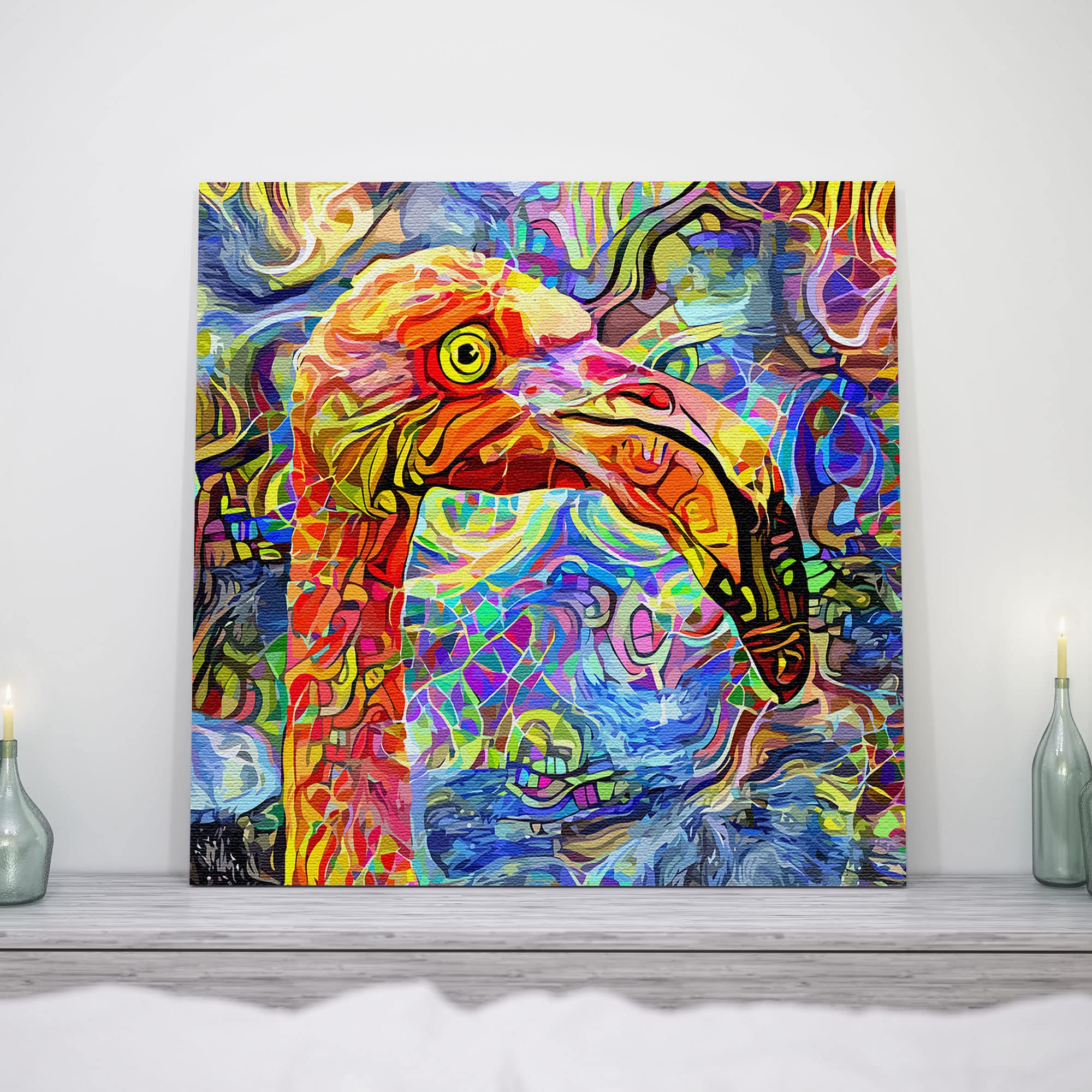 Colorful abstract flamingo bird art with vibrant patterns displayed on shelf with decorative bottles and candles