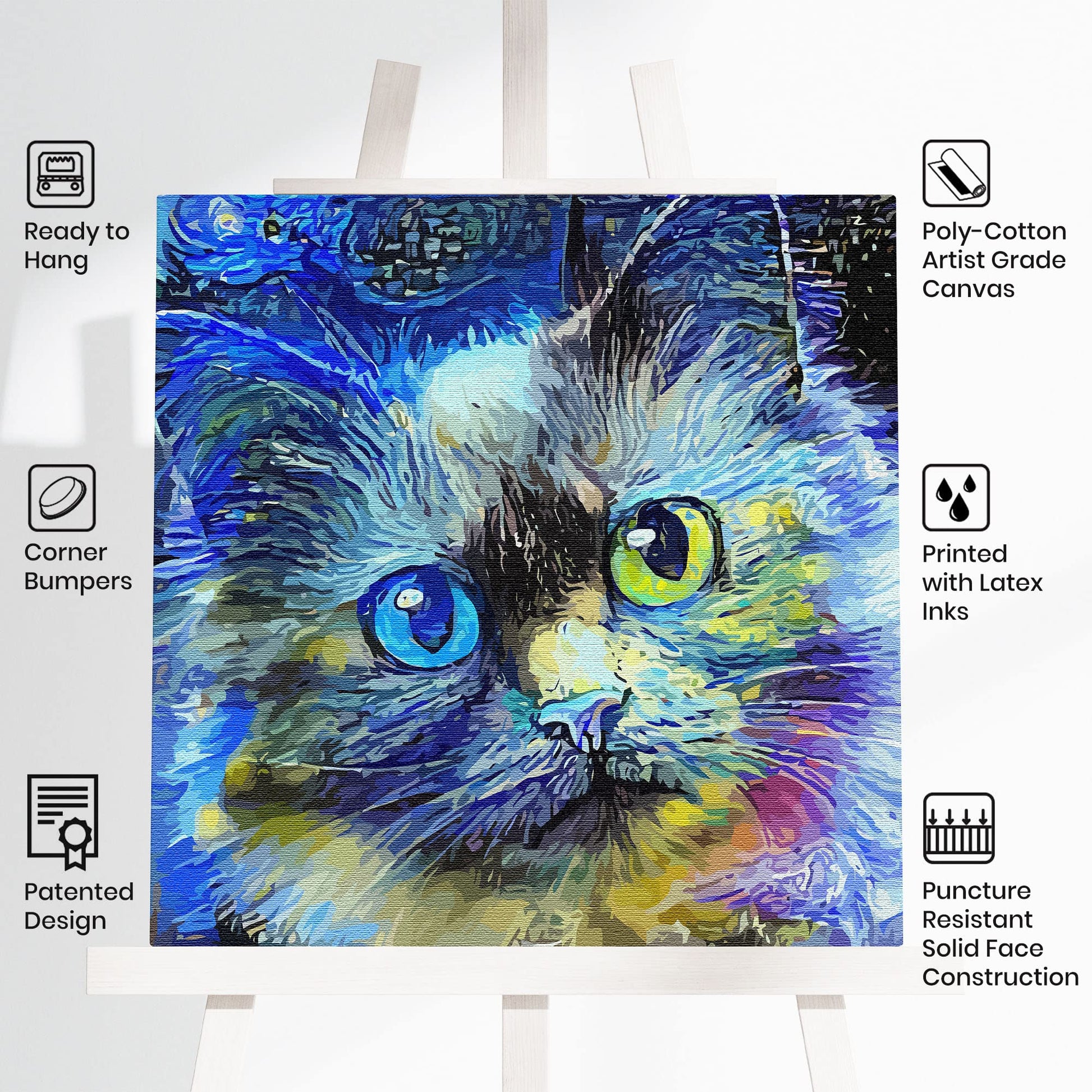 Blue cat canvas art with vibrant abstract brushstrokes and multicolored eyes displayed on white easel against plain background