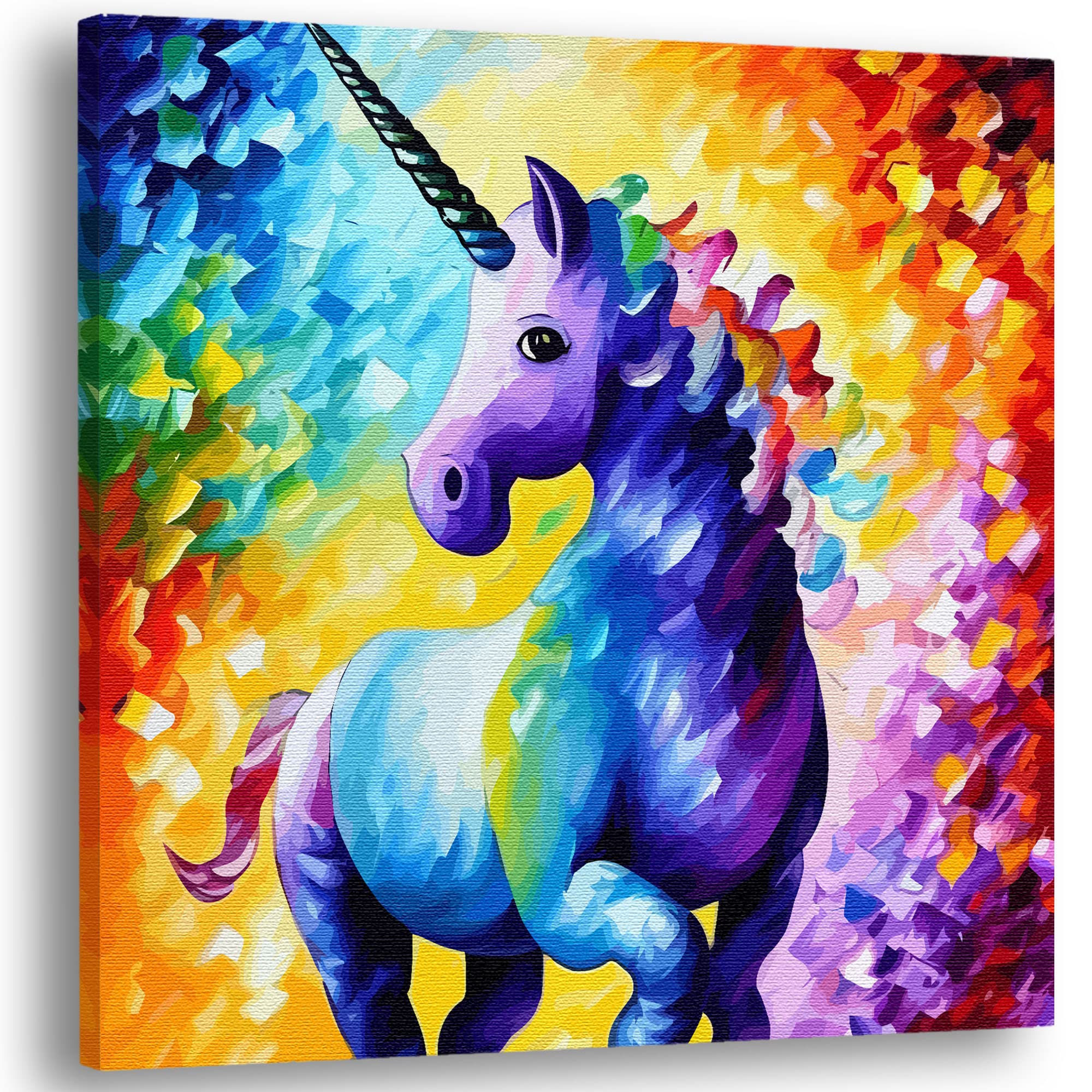 Colorful purple unicorn with rainbow mane on vibrant abstract background printed on square canvas for bedroom wall art