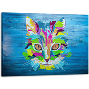 Colorful blue pop art cat wall art with bright geometric shapes and bold lines on textured blue wooden background