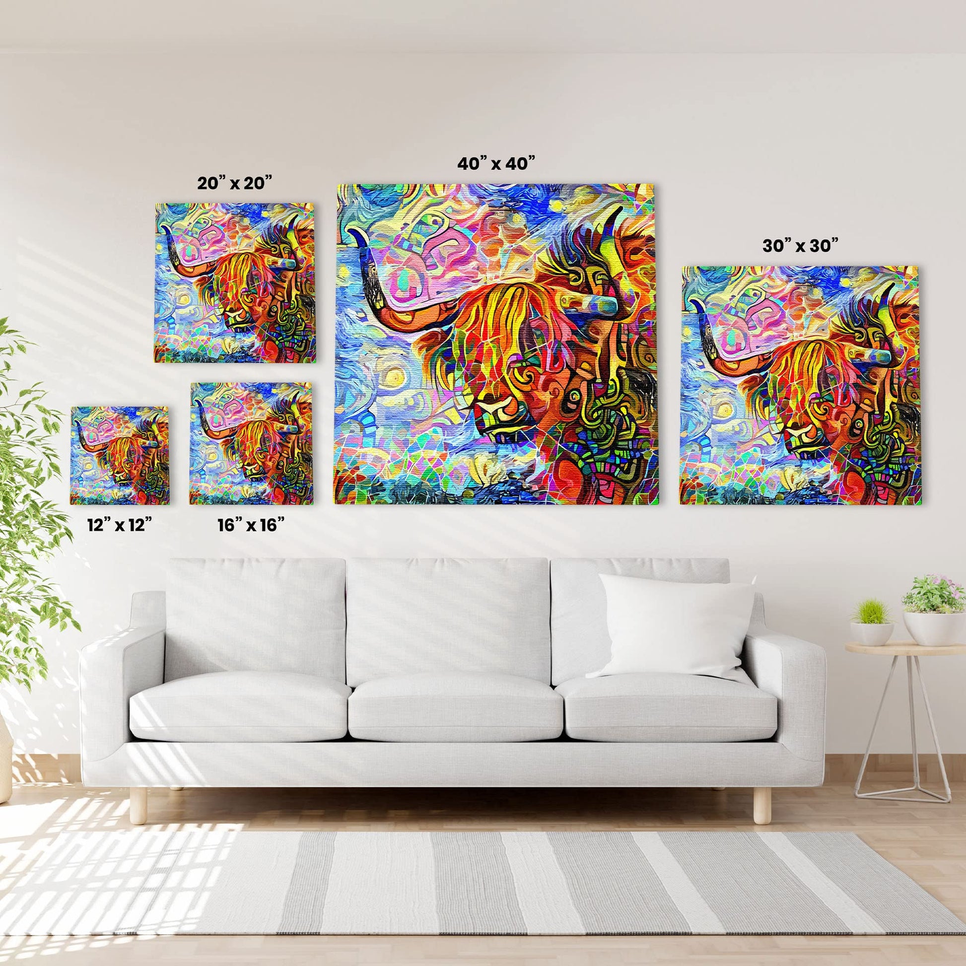 Colorful abstract Highland bull painting with swirling vibrant patterns displayed in six sizes above white sofa