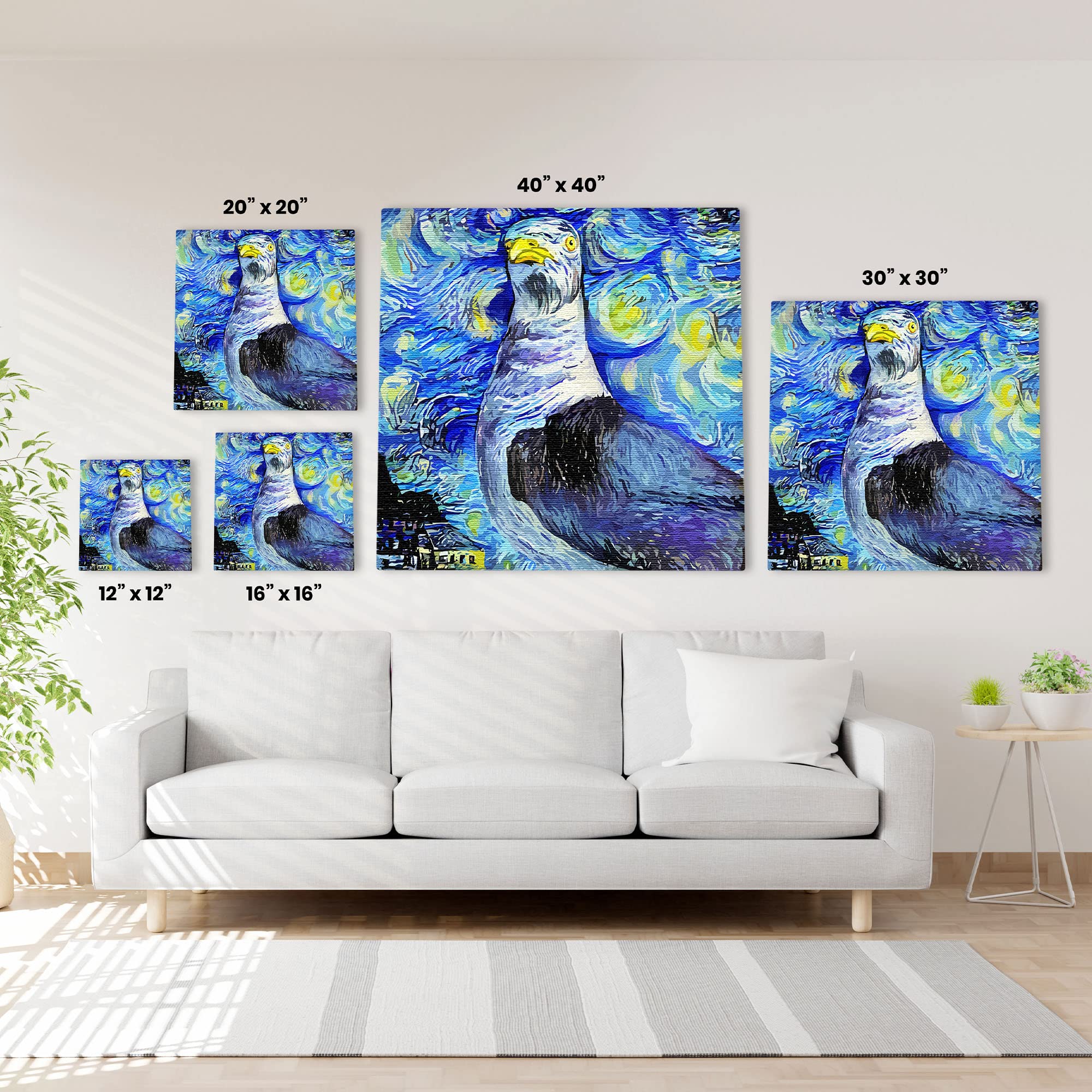 Blue abstract seagull with swirling starry night sky and vibrant brushstroke patterns on canvas wall art above white sofa