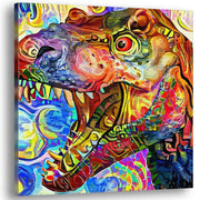 Vibrant colorful abstract T-Rex dinosaur wall art with swirling geometric patterns on square canvas in bold modern style
