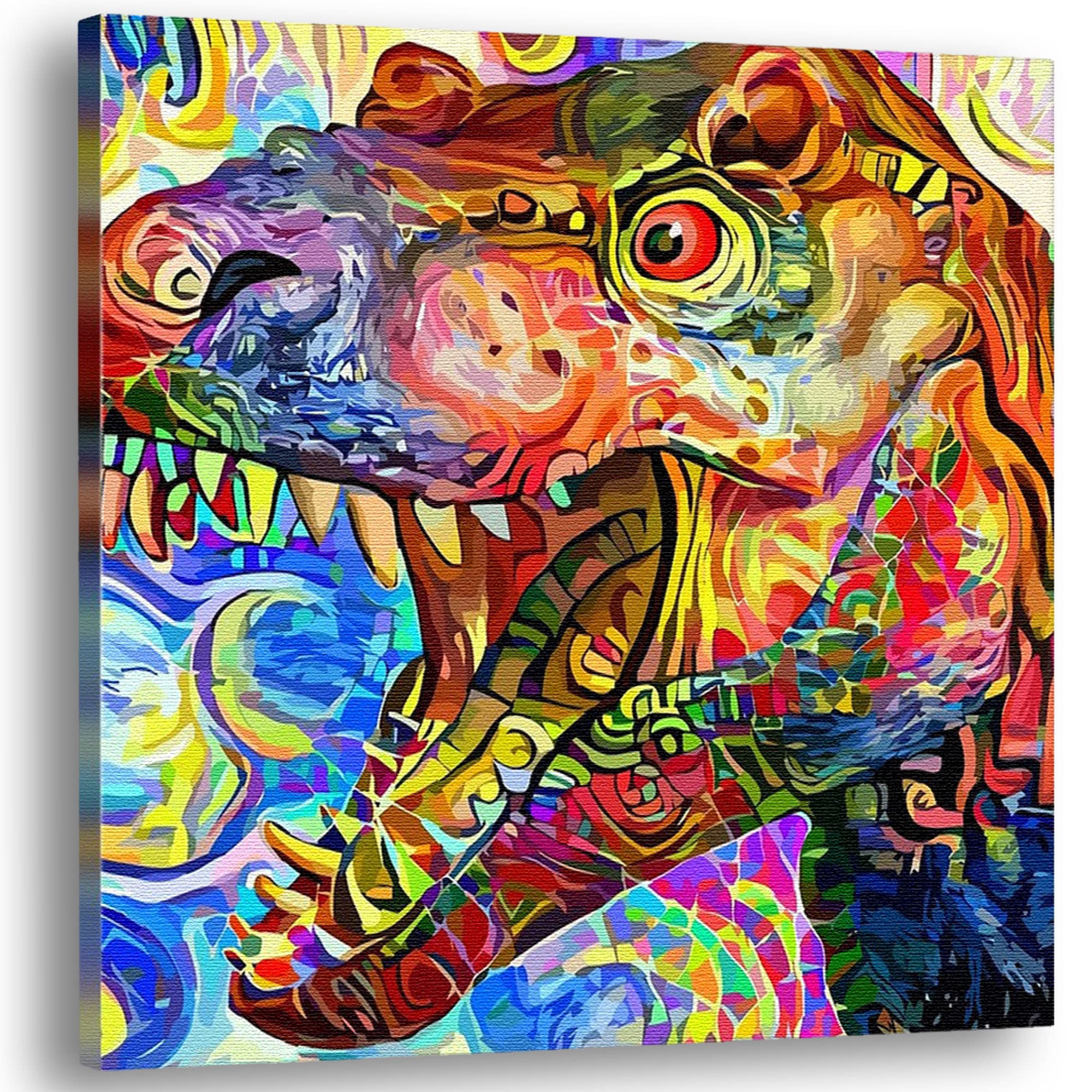 Vibrant colorful abstract T-Rex dinosaur wall art with swirling geometric patterns on square canvas in bold modern style