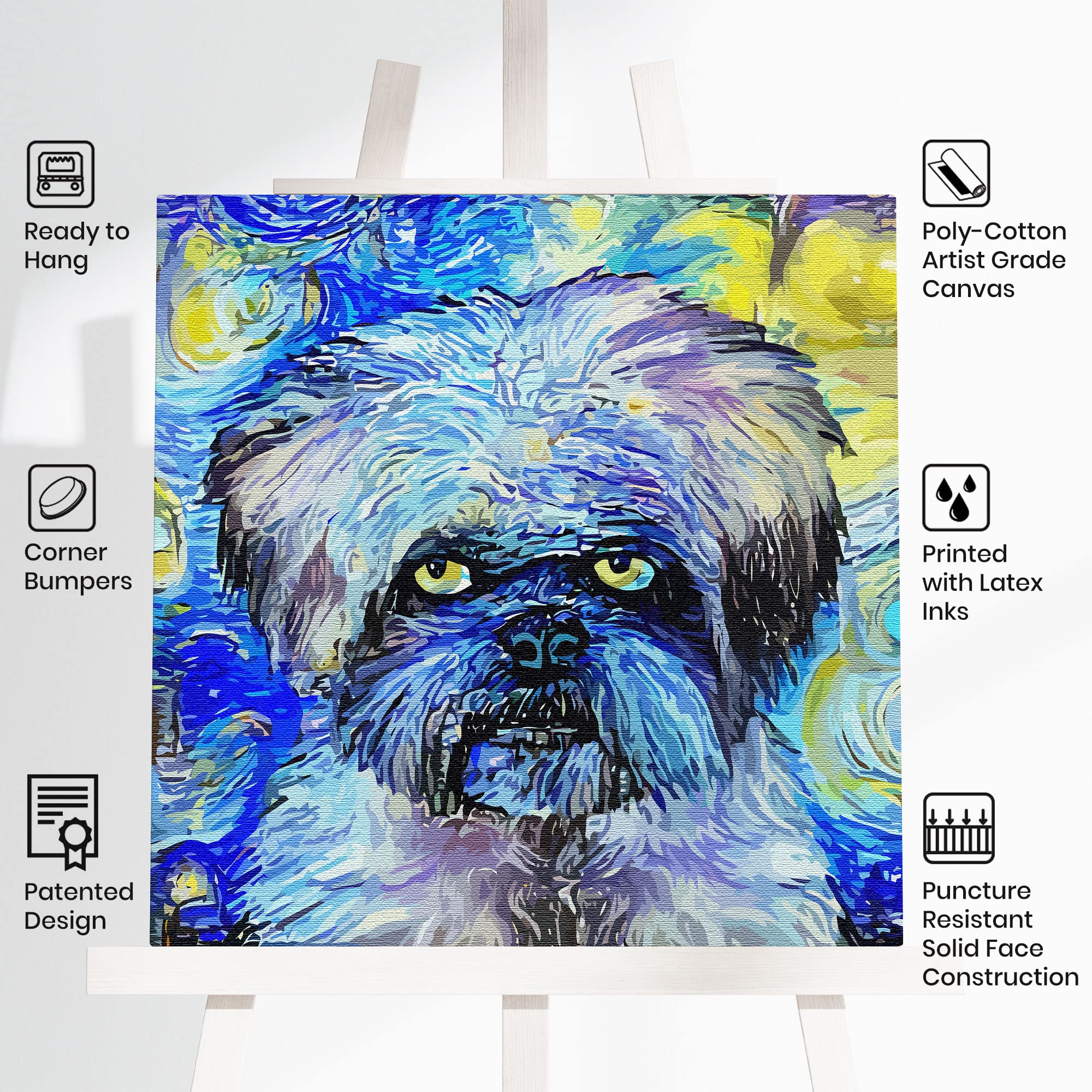 Vibrant abstract blue Shih Tzu dog art with swirling colorful patterns on square canvas displayed on white easel