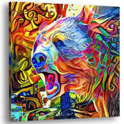 Colorful abstract grizzly brown bear artwork with vibrant reds, blues, yellows, and greens in swirling and geometric mosaic patterns