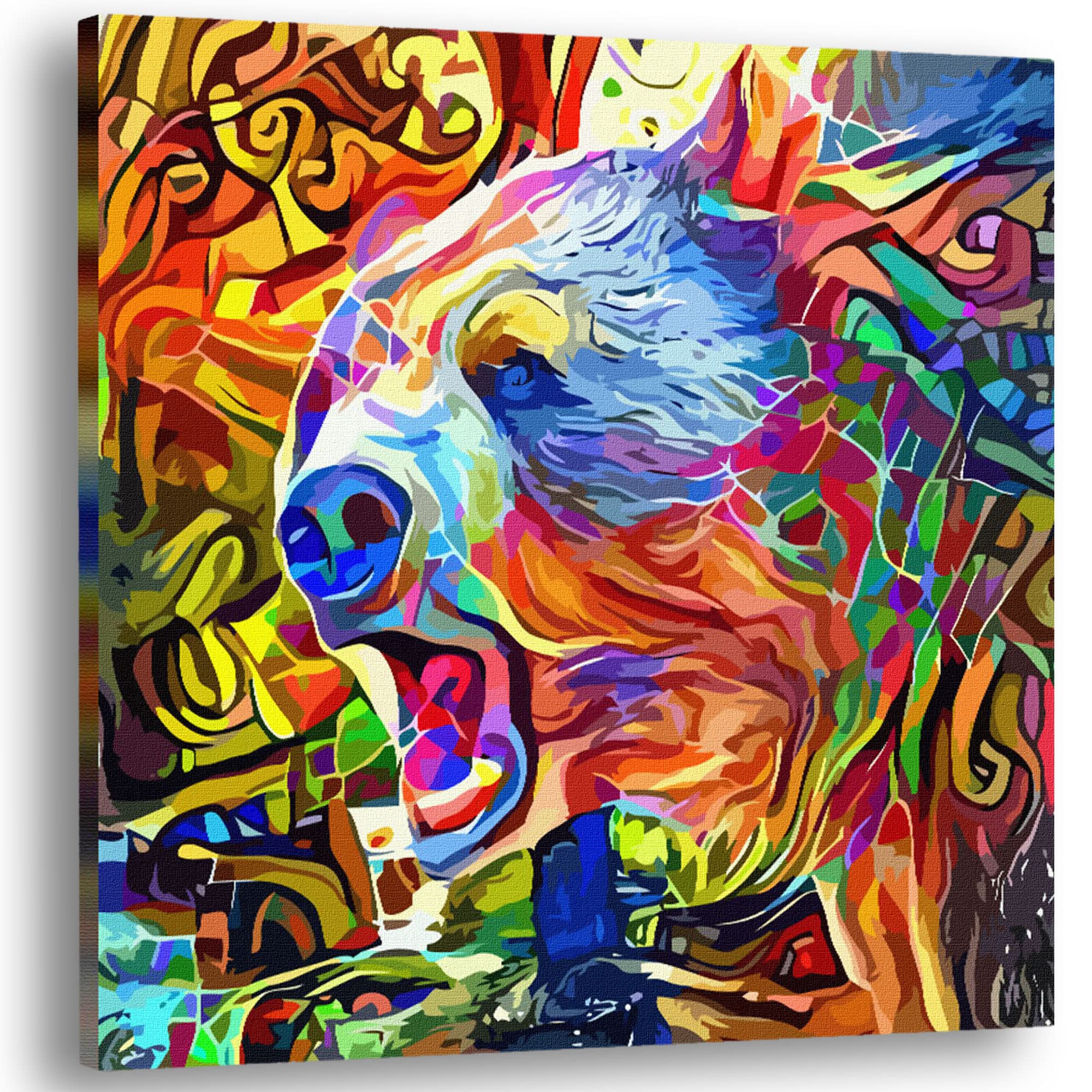 Colorful abstract grizzly brown bear artwork with vibrant reds, blues, yellows, and greens in swirling and geometric mosaic patterns