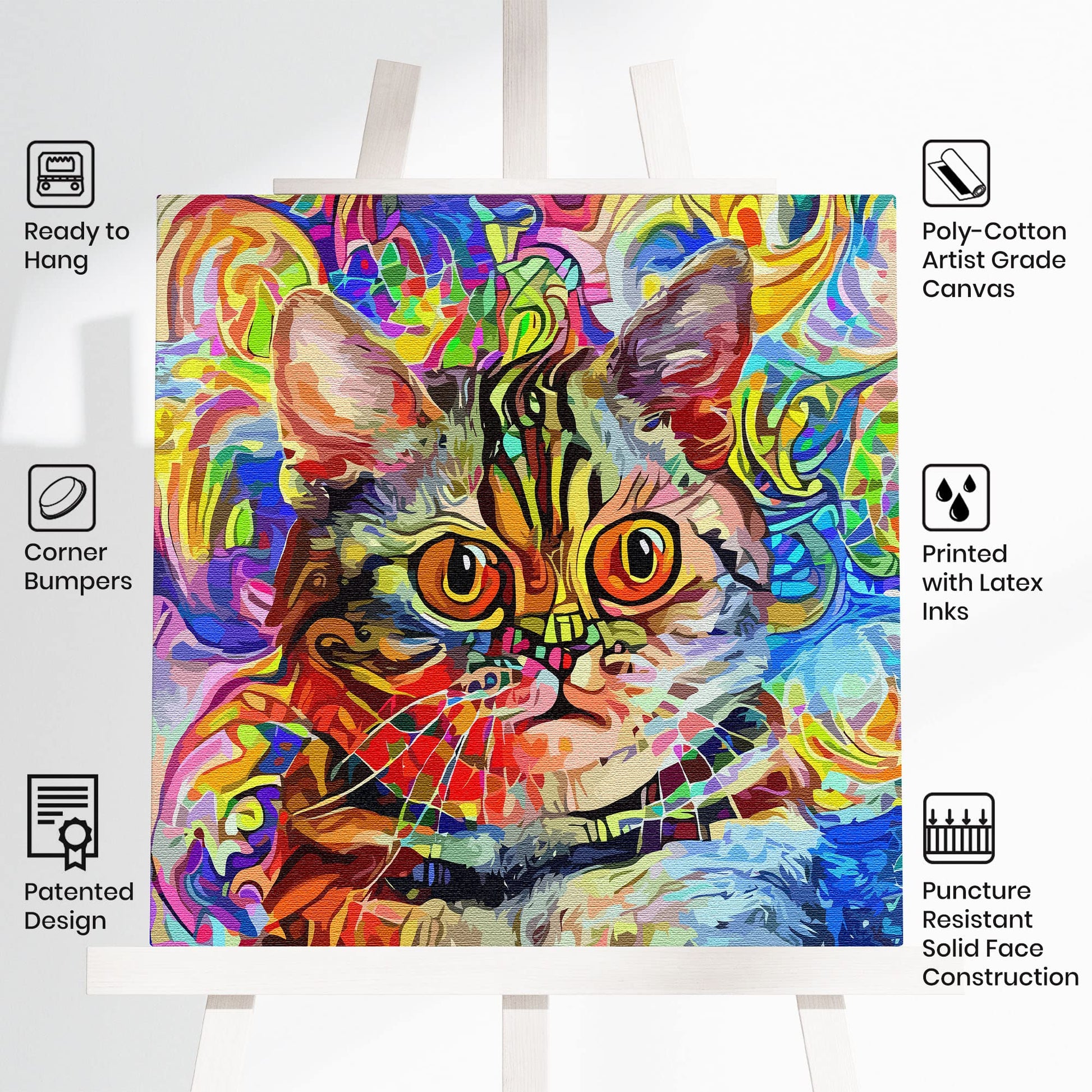 Colorful watercolor cat wall art with vibrant abstract patterns and bold lines on bright multicolor canvas on easel