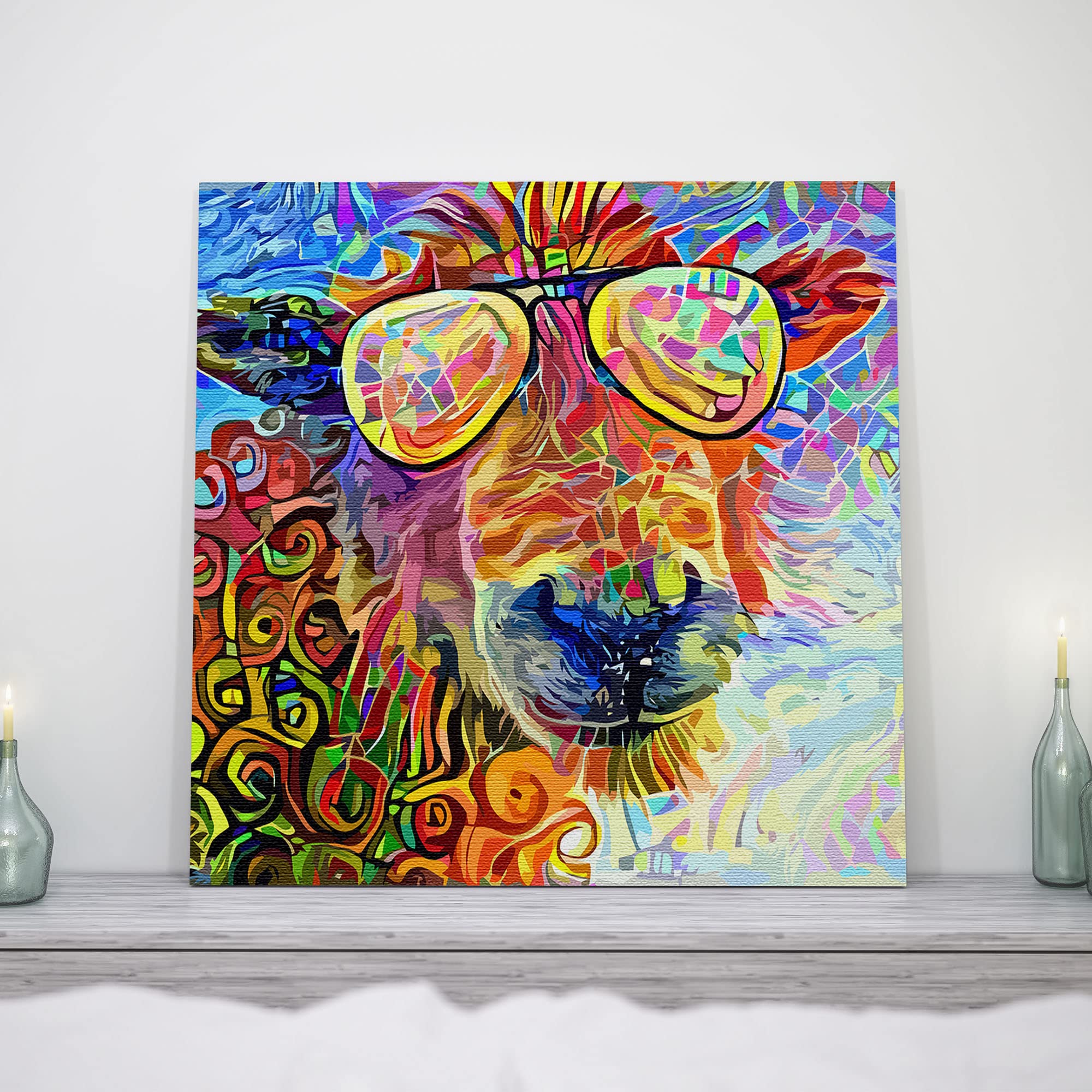 Funny abstract colorful sheep head wearing reflective sunglasses with vibrant geometric and swirling patterns on canvas wall art
