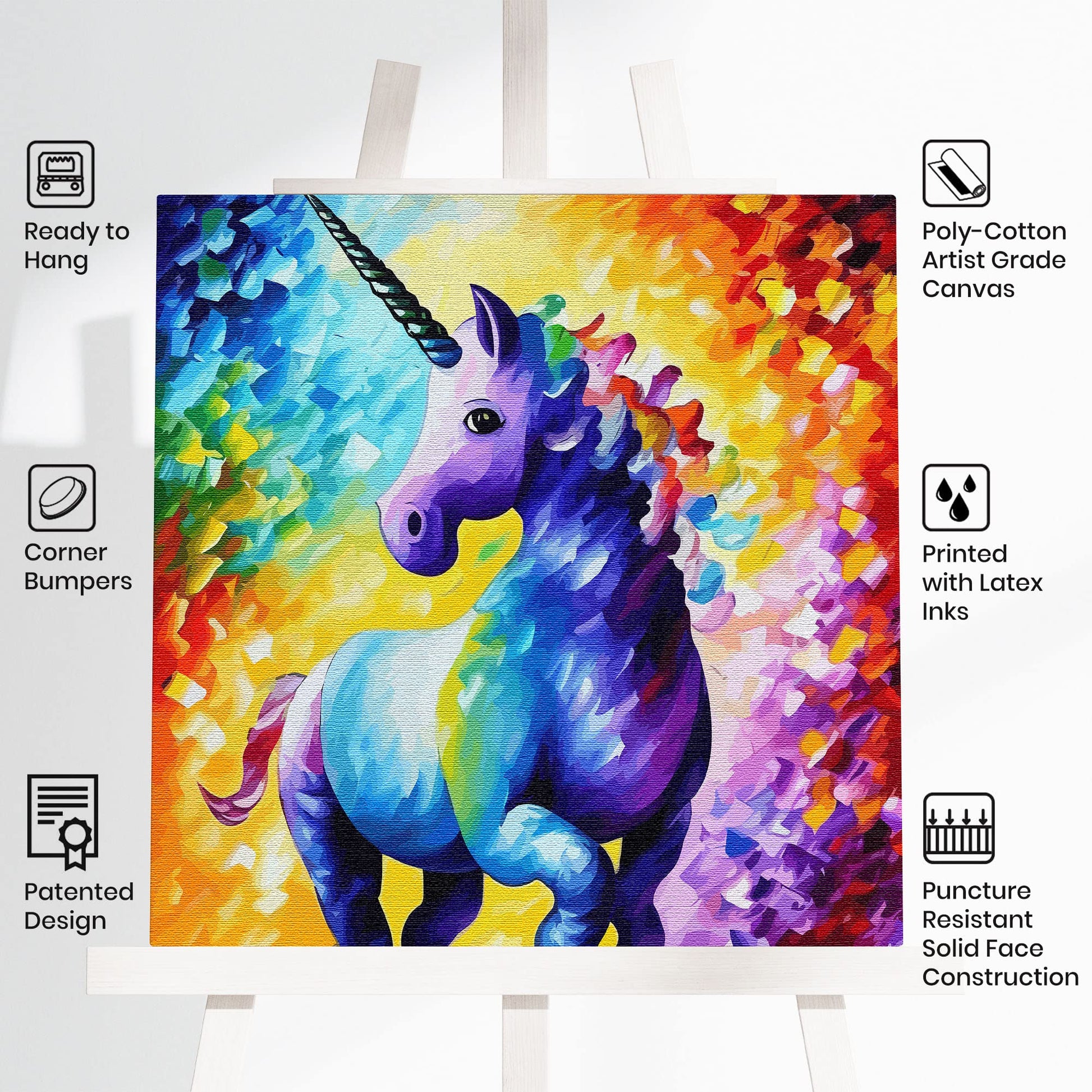 Cute purple unicorn with rainbow curly mane on vibrant multicolor abstract background printed on canvas displayed on easel