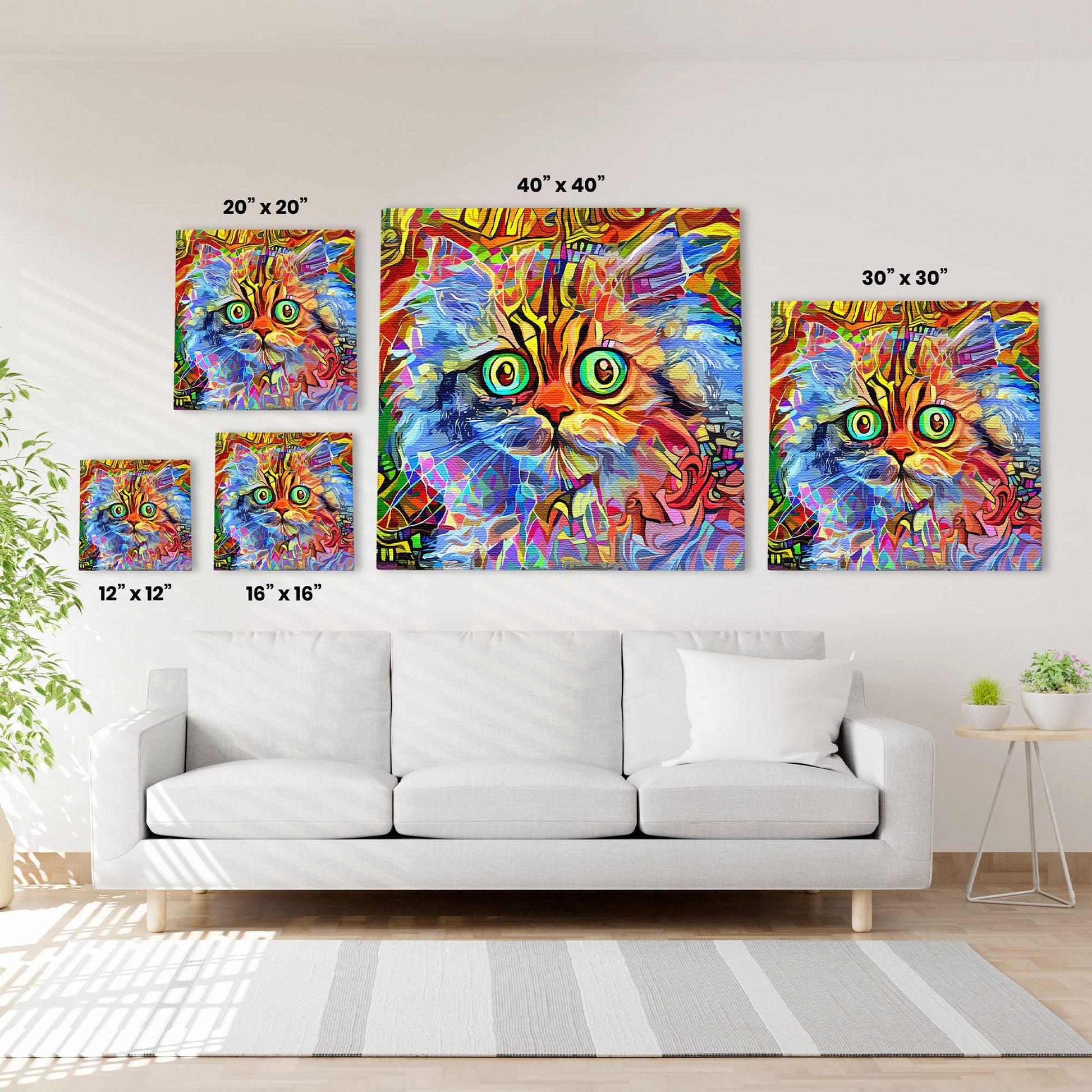 Multicolor cat wall art with vibrant geometric patterns and large bright eyes on various sized square canvases above white sofa