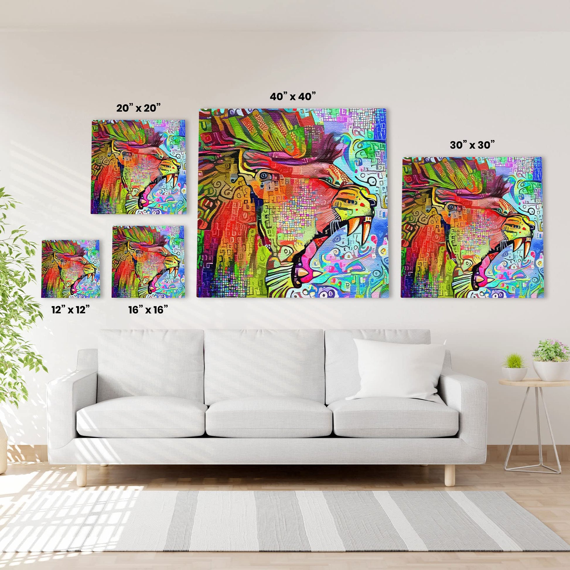 Vibrant colorful abstract roaring lion art on multiple square canvases displayed on white living room wall above sofa
