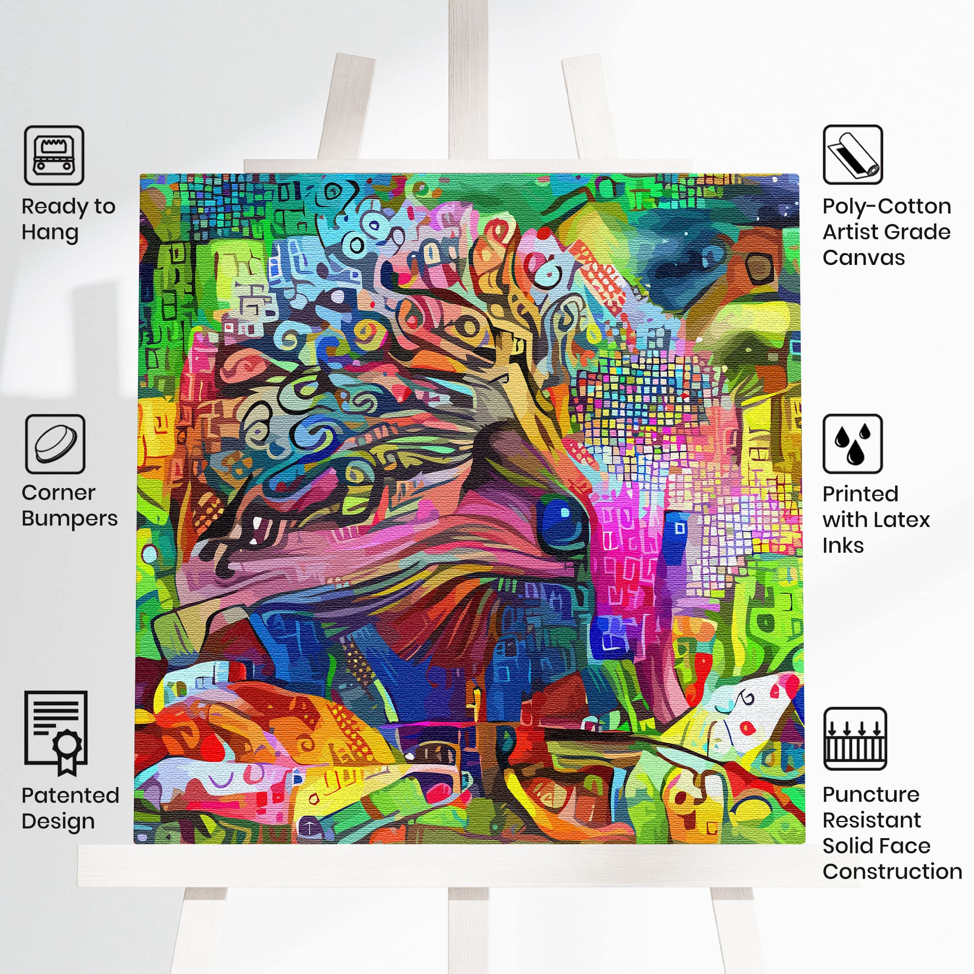 Vibrant colorful abstract cute hedgehog woodland animal artwork on poly-cotton canvas in modern minimalist decor setting