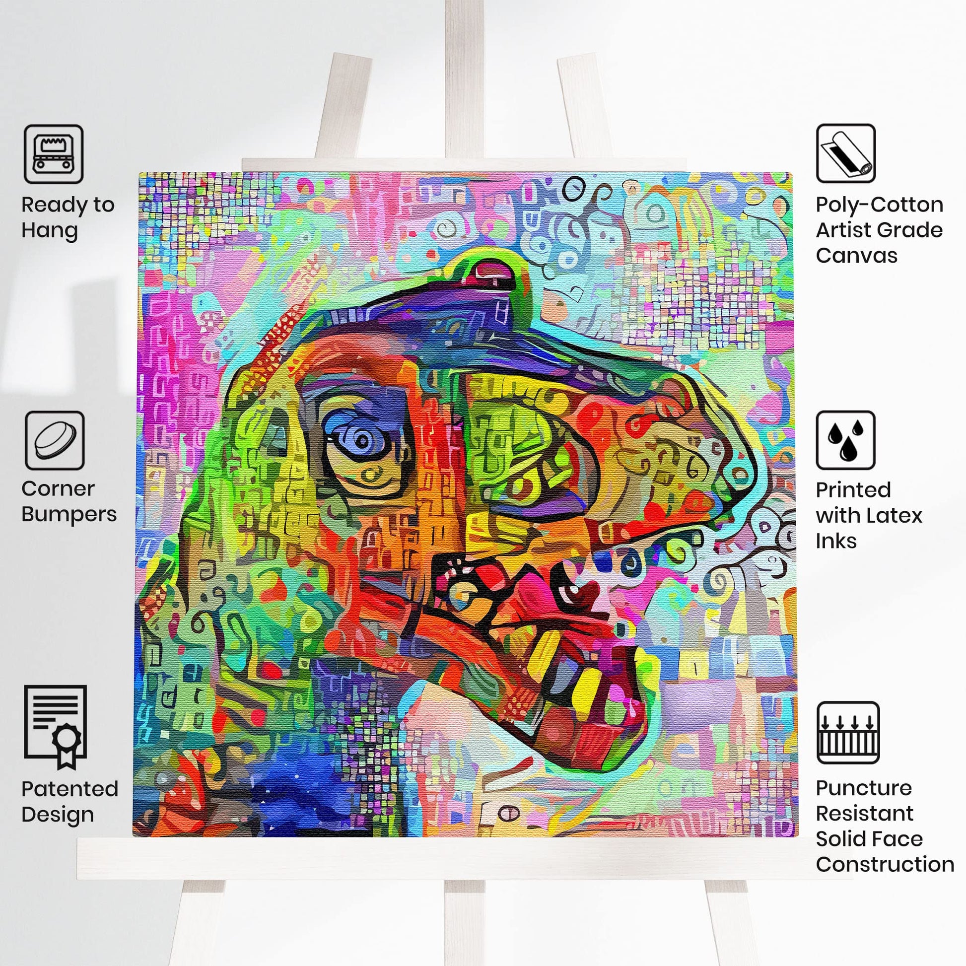 Colorful geometric mosaic T-Rex dinosaur art with vibrant abstract patterns on square canvas displayed on easel with product icons