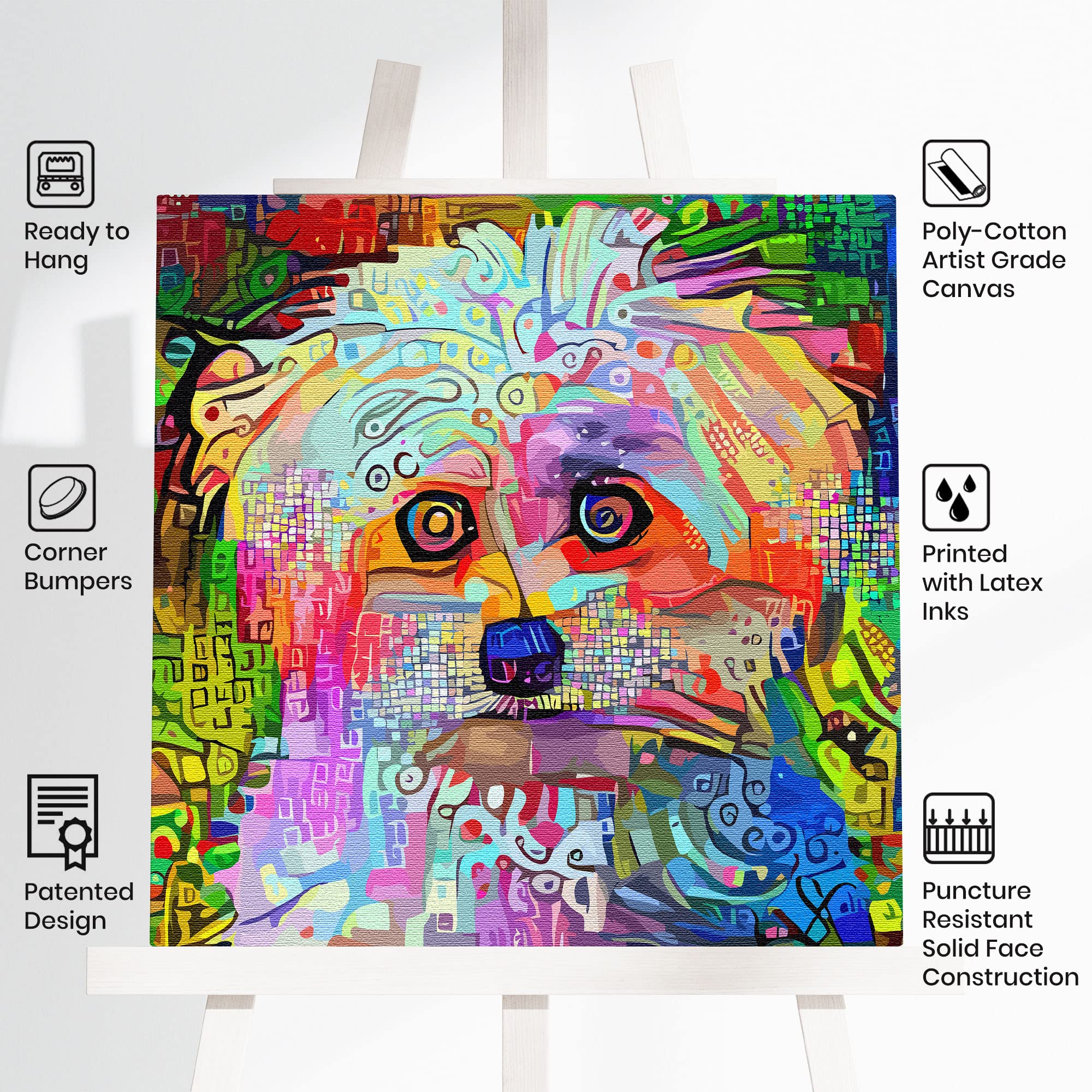 Colorful abstract West Highland dog wall art with vibrant multicolor geometric patterns on square canvas displayed on white easel