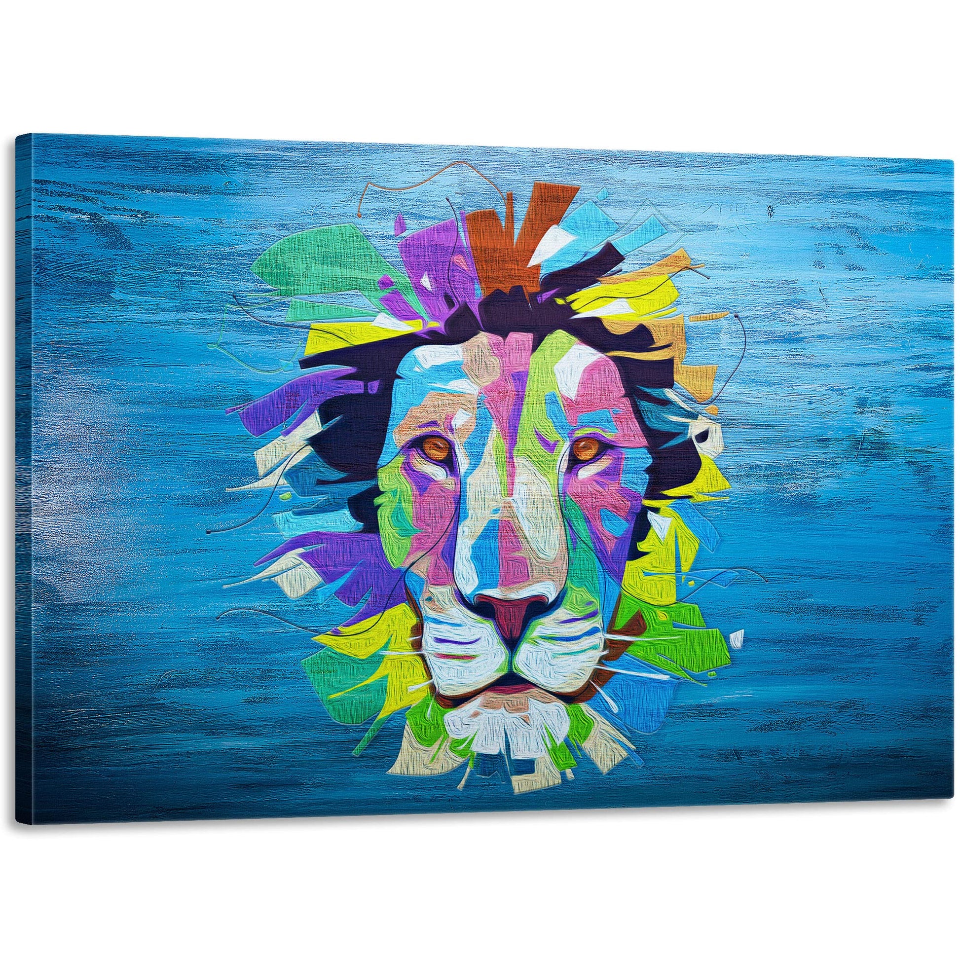 Colorful pop art lion face artwork on vibrant blue textured canvas with bold abstract shapes and vivid geometric patterns