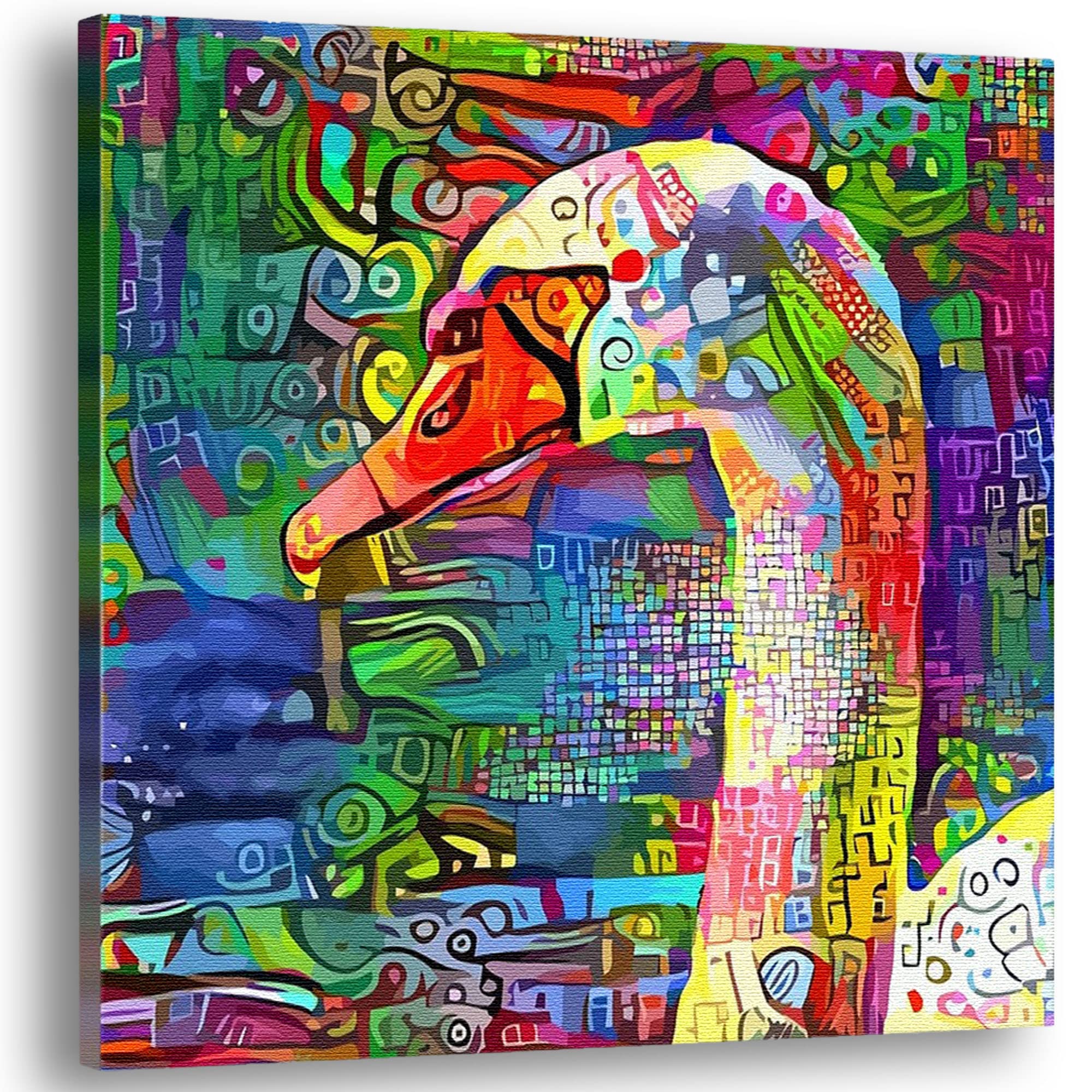Abstract colorful white swan head with geometric and intricate patterns on vibrant multicolor background printed on square canvas wall art
