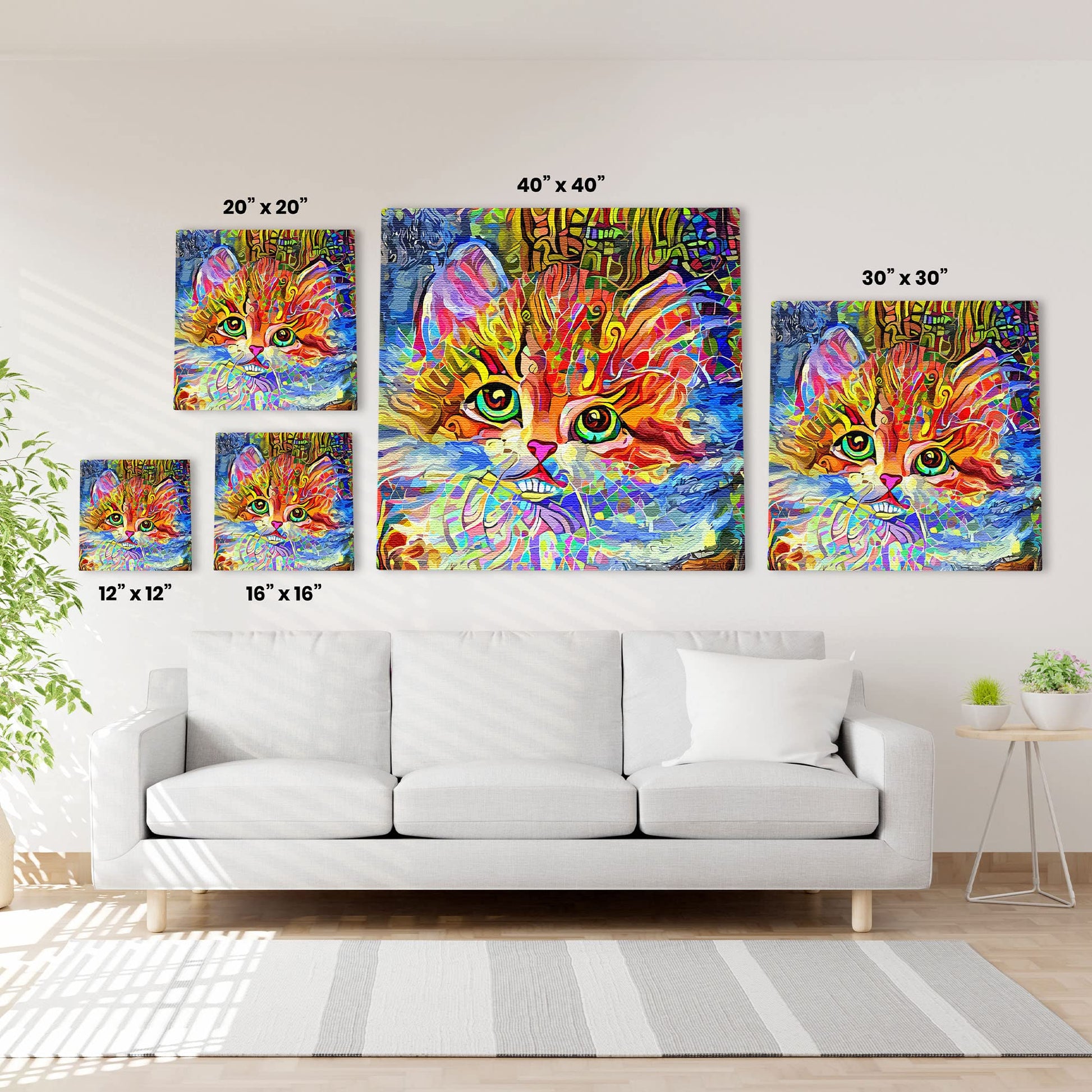 Colorful cat wall art with vivid multicolor abstract patterns and large bright green eyes on various sized square canvases above white sofa