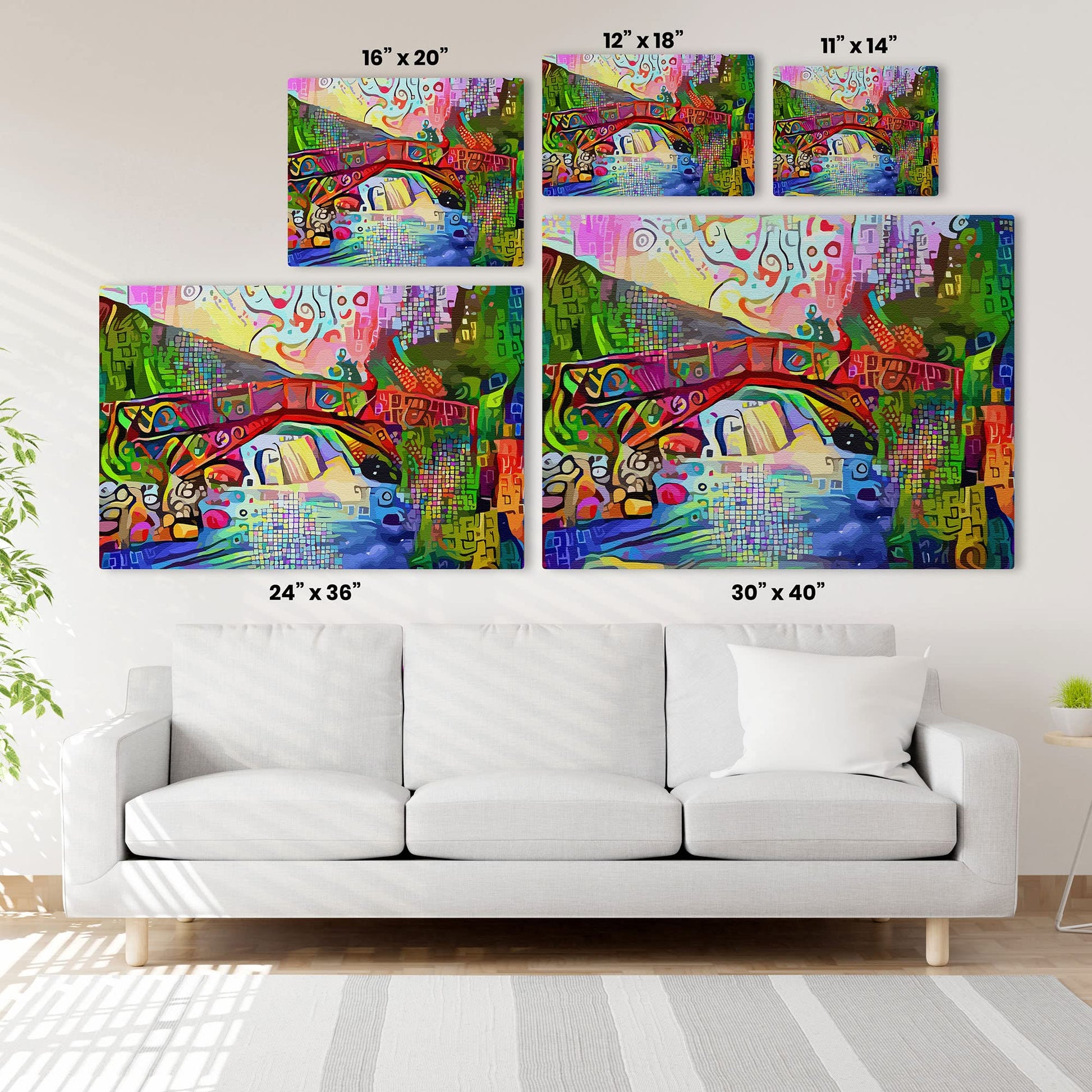 Colorful abstract bridge landscape artwork with vibrant reds, blues, greens, and yellows in mosaic and geometric patterns