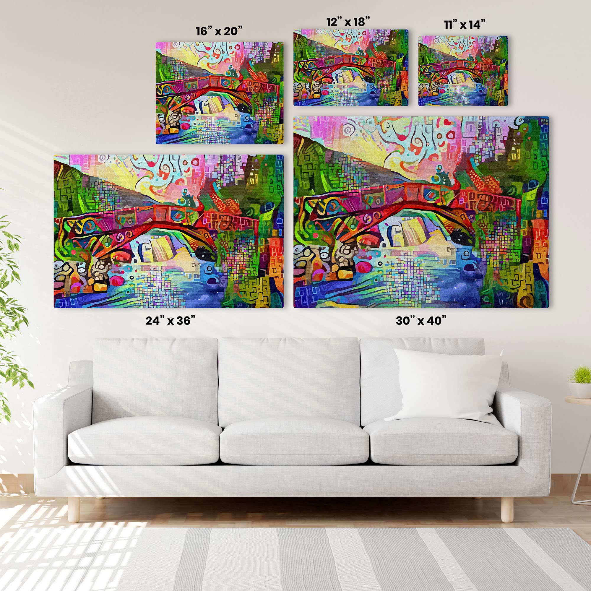 Colorful abstract bridge landscape artwork with vibrant reds, blues, greens, and yellows in mosaic and geometric patterns