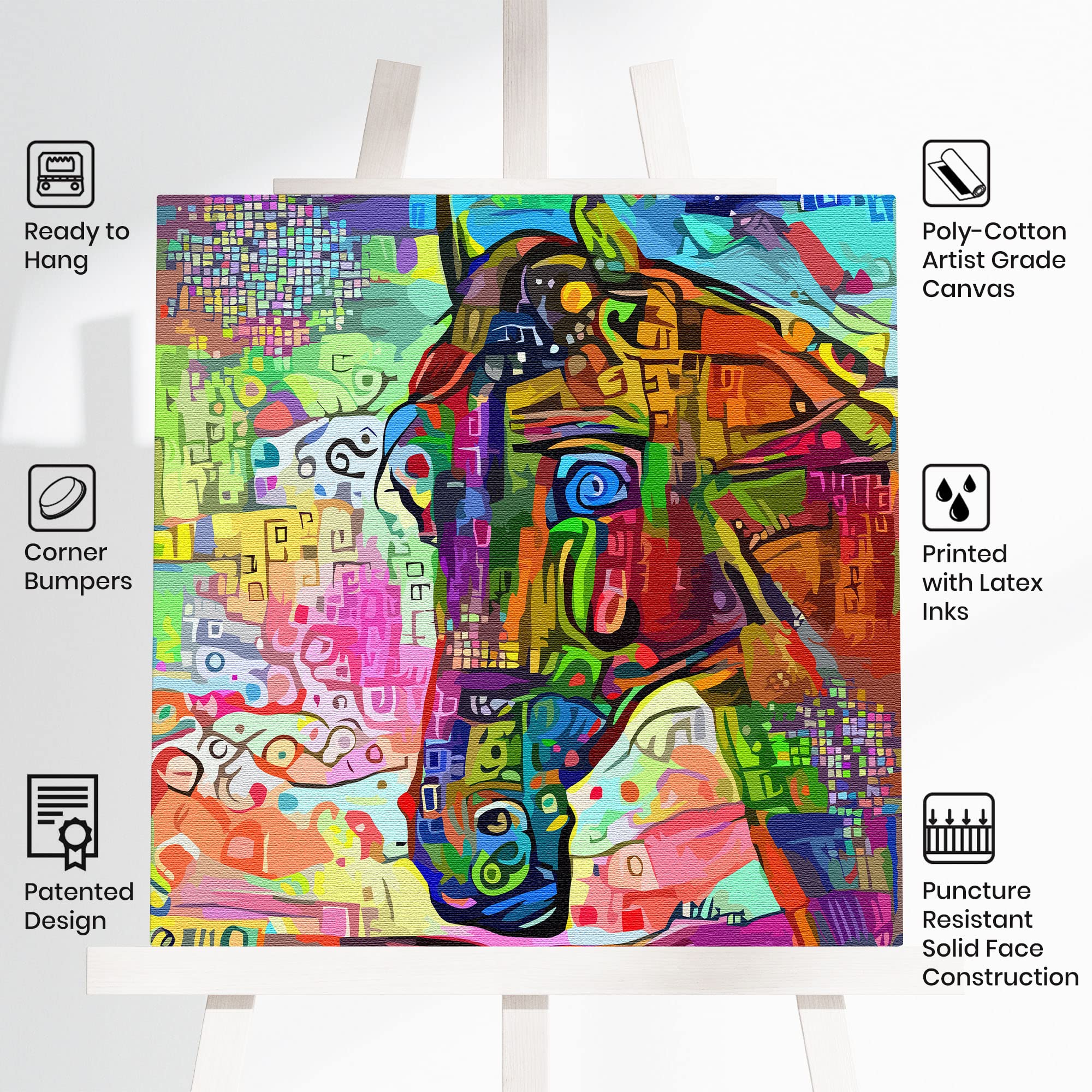 Vibrant colorful abstract horse art painting on poly-cotton canvas displayed in modern minimalist wall decor setting