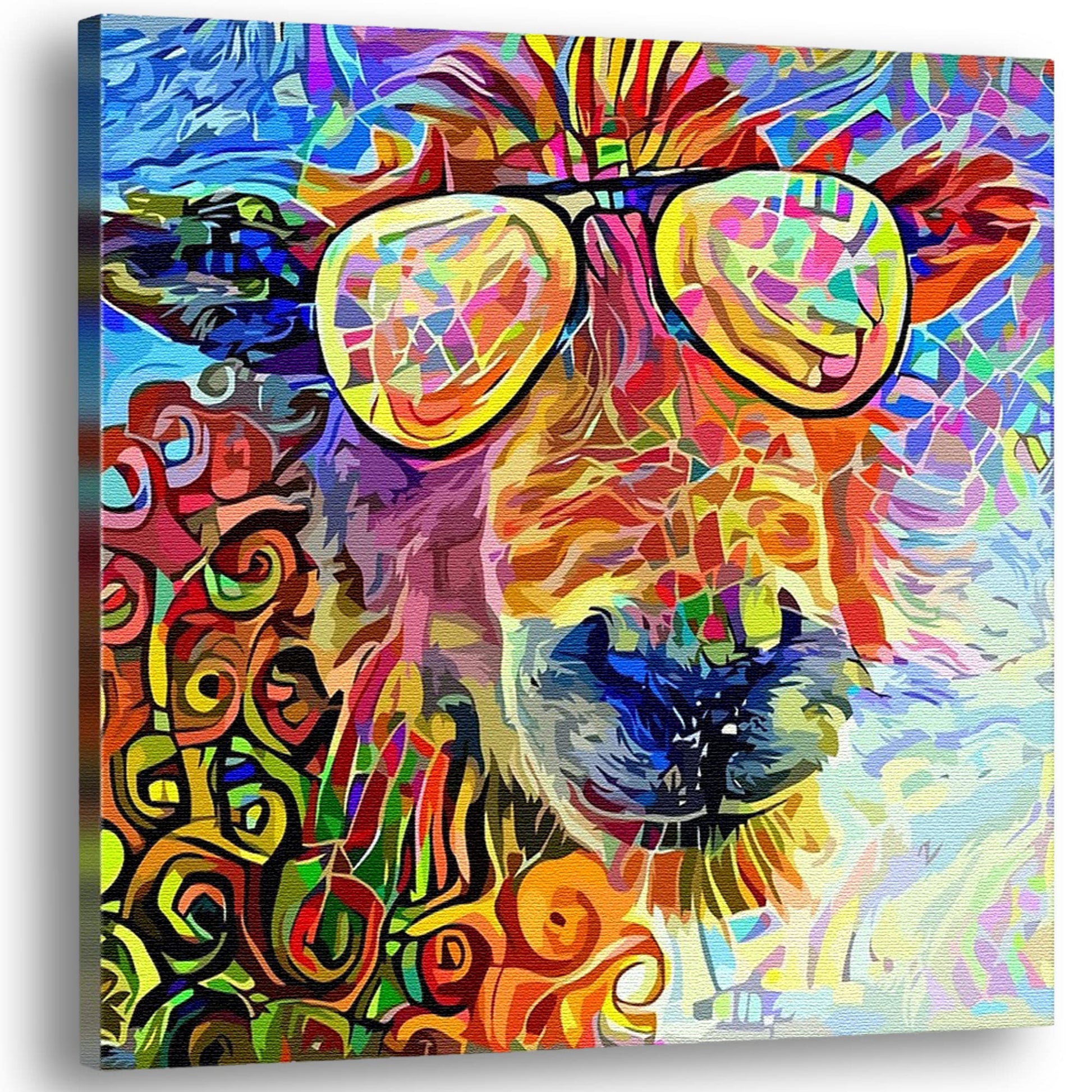 Funny abstract colorful sheep head wearing reflective sunglasses with vibrant swirling and geometric patterns on canvas wall art