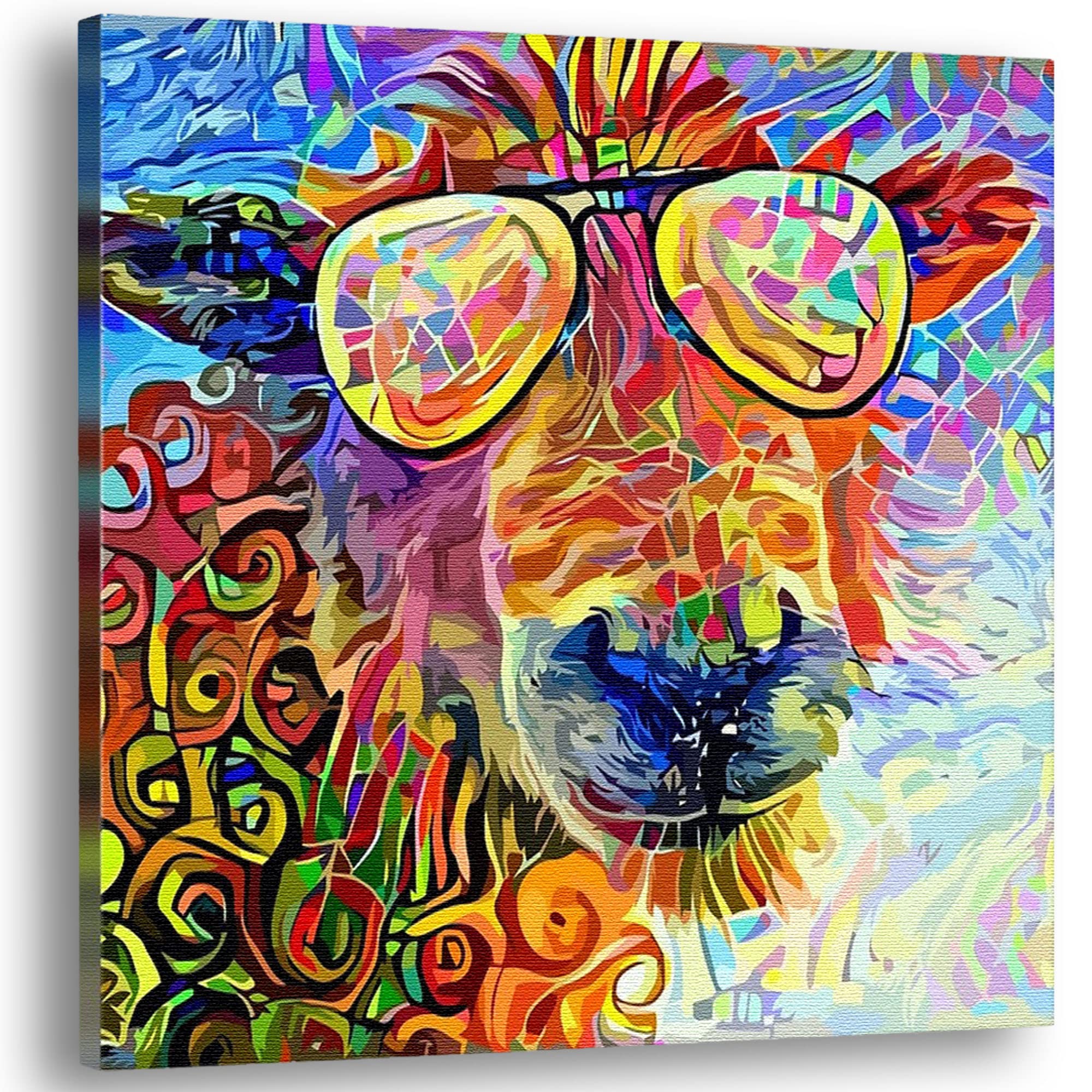 Funny abstract colorful sheep head wearing reflective sunglasses with vibrant swirling and geometric patterns on canvas wall art