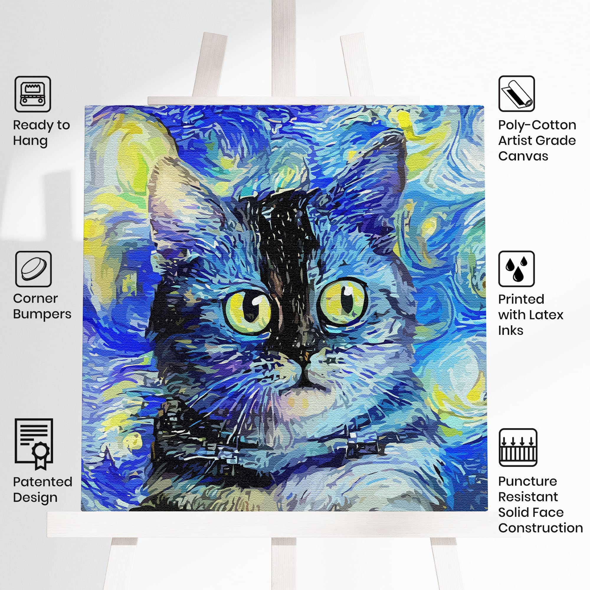 Blue impressionist cat painting with swirling vibrant brushstrokes and bright yellow eyes on square canvas displayed on easel