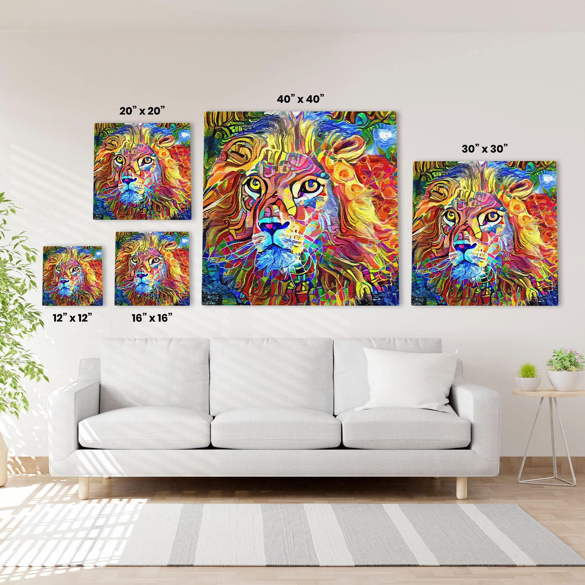 Vibrant colorful abstract king of the jungle lion artwork on various sized canvases displayed above white sofa in bright room