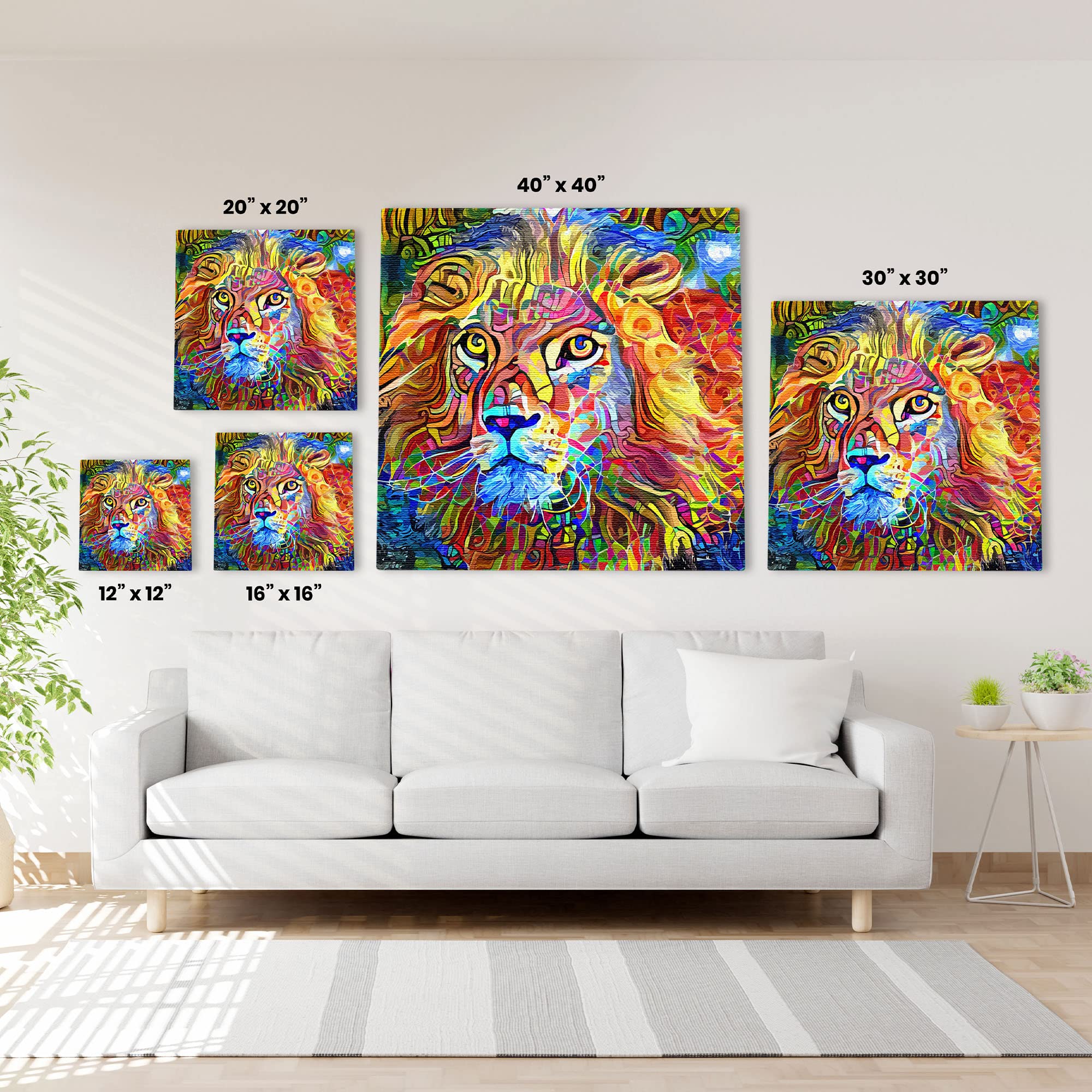 Vibrant colorful abstract king of the jungle lion artwork on various sized canvases displayed above white sofa in bright room