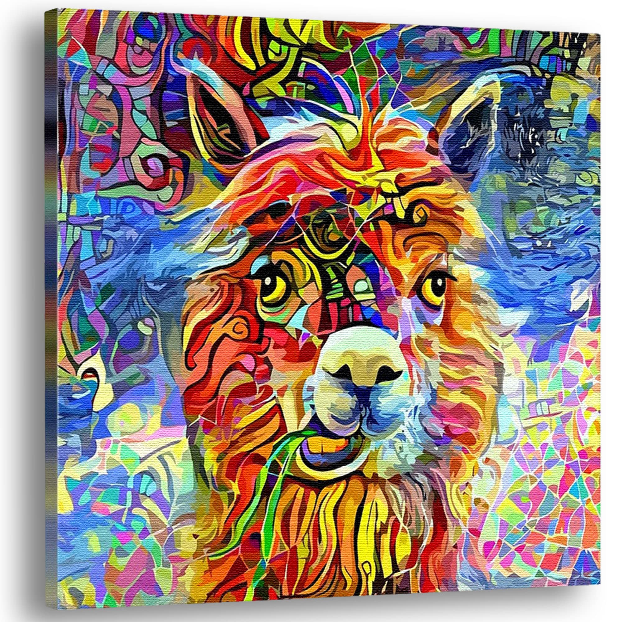 Vibrant geometric alpaca canvas artwork with bold reds, blues, yellows, and greens in abstract swirling mosaic patterns