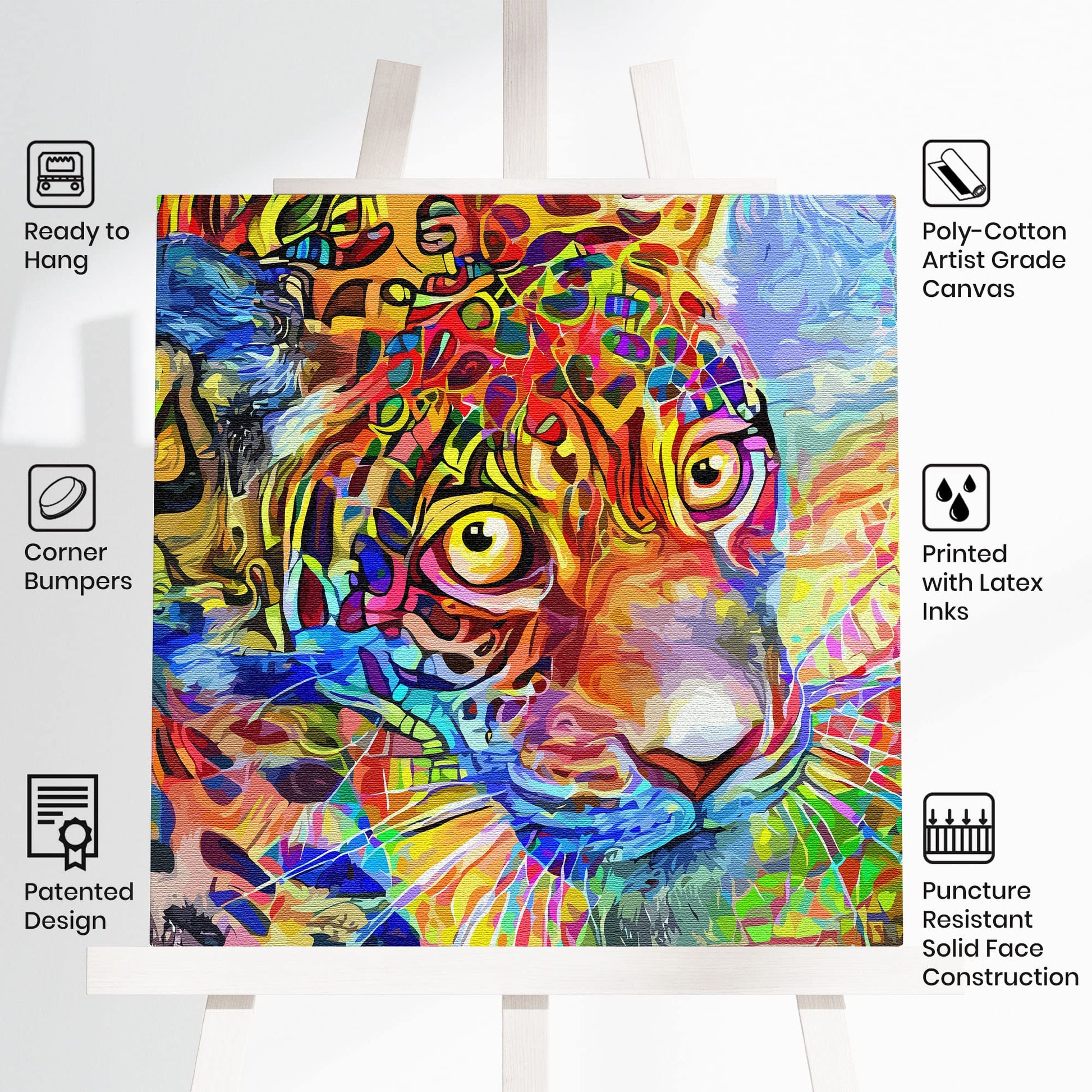 Abstract leopard face wall art with vibrant geometric patterns on poly-cotton textured canvas displayed on easel in bright setting