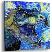 Blue Tyrannosaurus Rex dinosaur art with vibrant swirling brushstrokes on square canvas inspired by starry night style