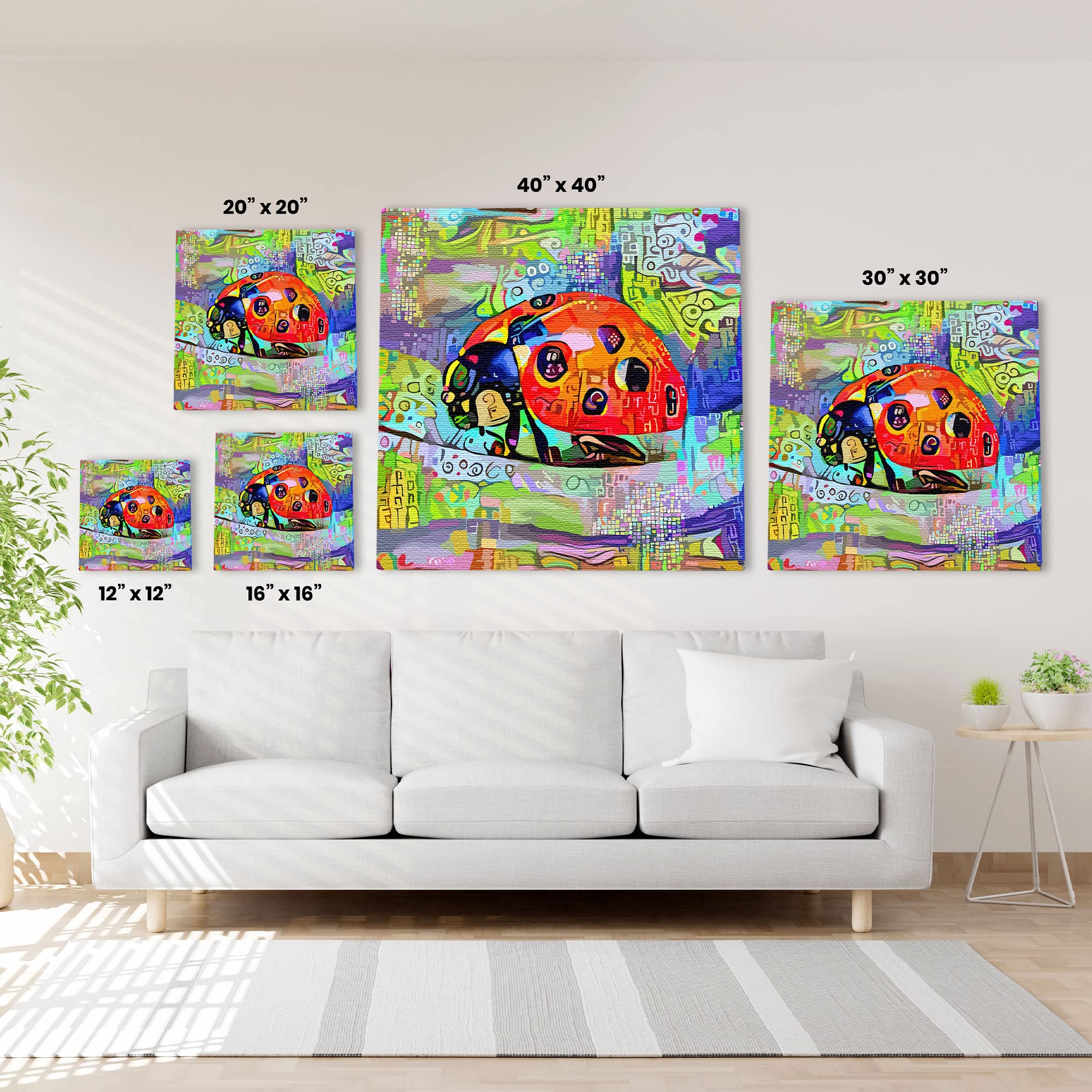 Abstract ladybug wall artwork with vibrant multicolor geometric patterns on textured canvas in modern living room setting