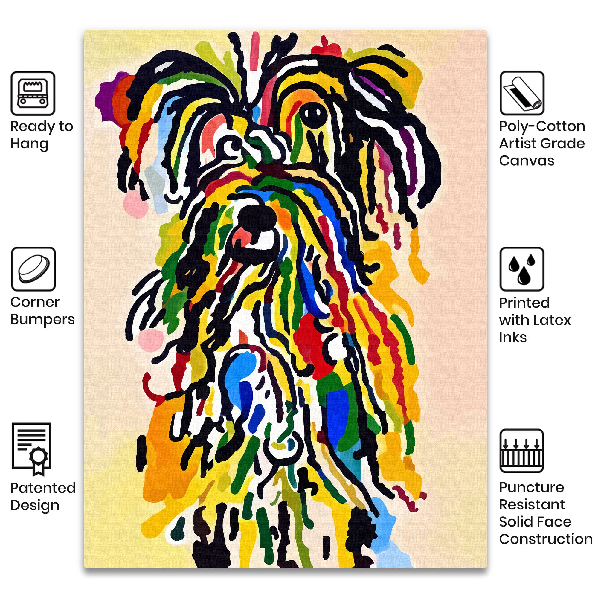 Funny abstract shaggy dog art with bold multicolor brush strokes on artist-grade poly-cotton canvas ready to hang