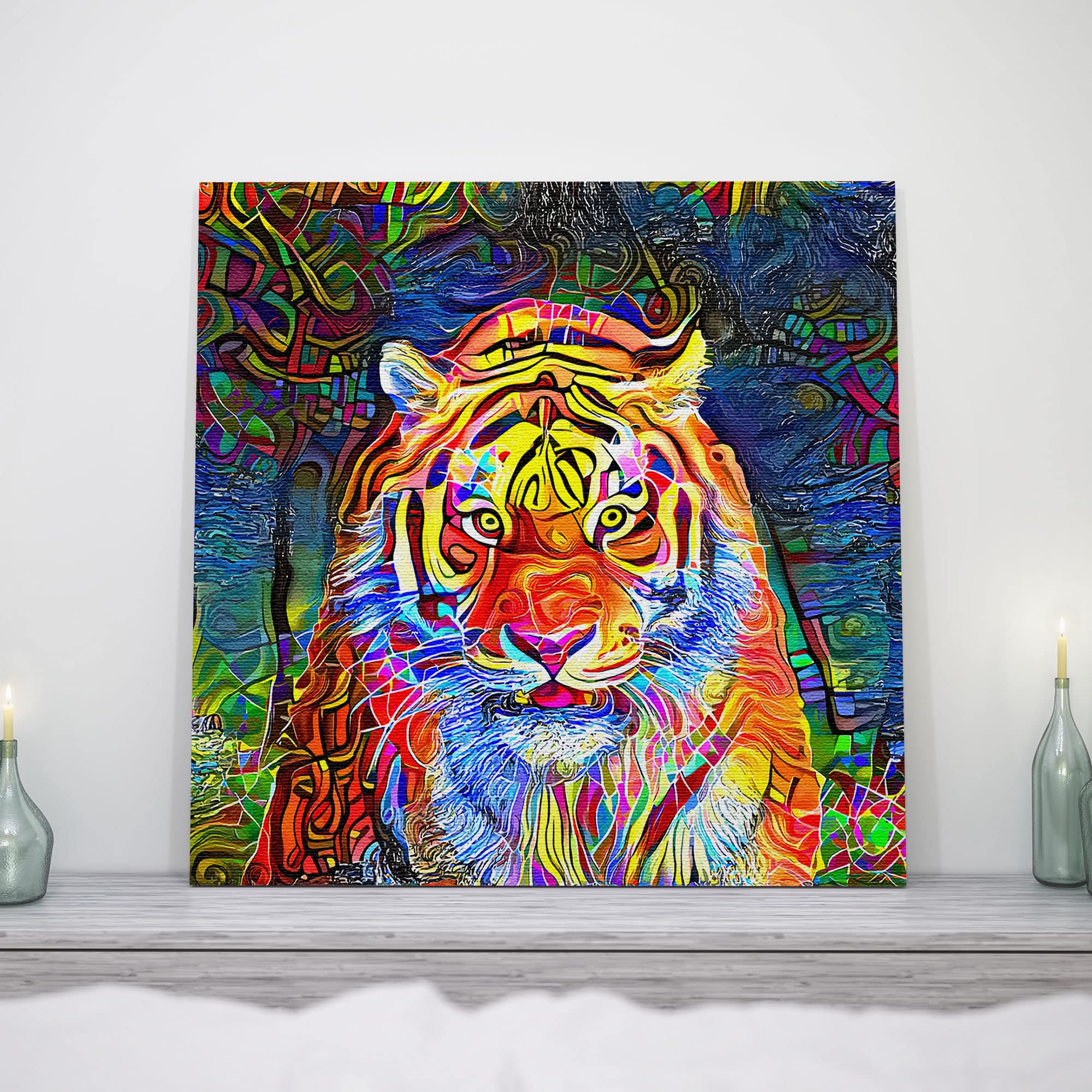 Abstract colorful tiger with vibrant geometric and swirling patterns on multicolor background printed on square canvas above mantelpiece