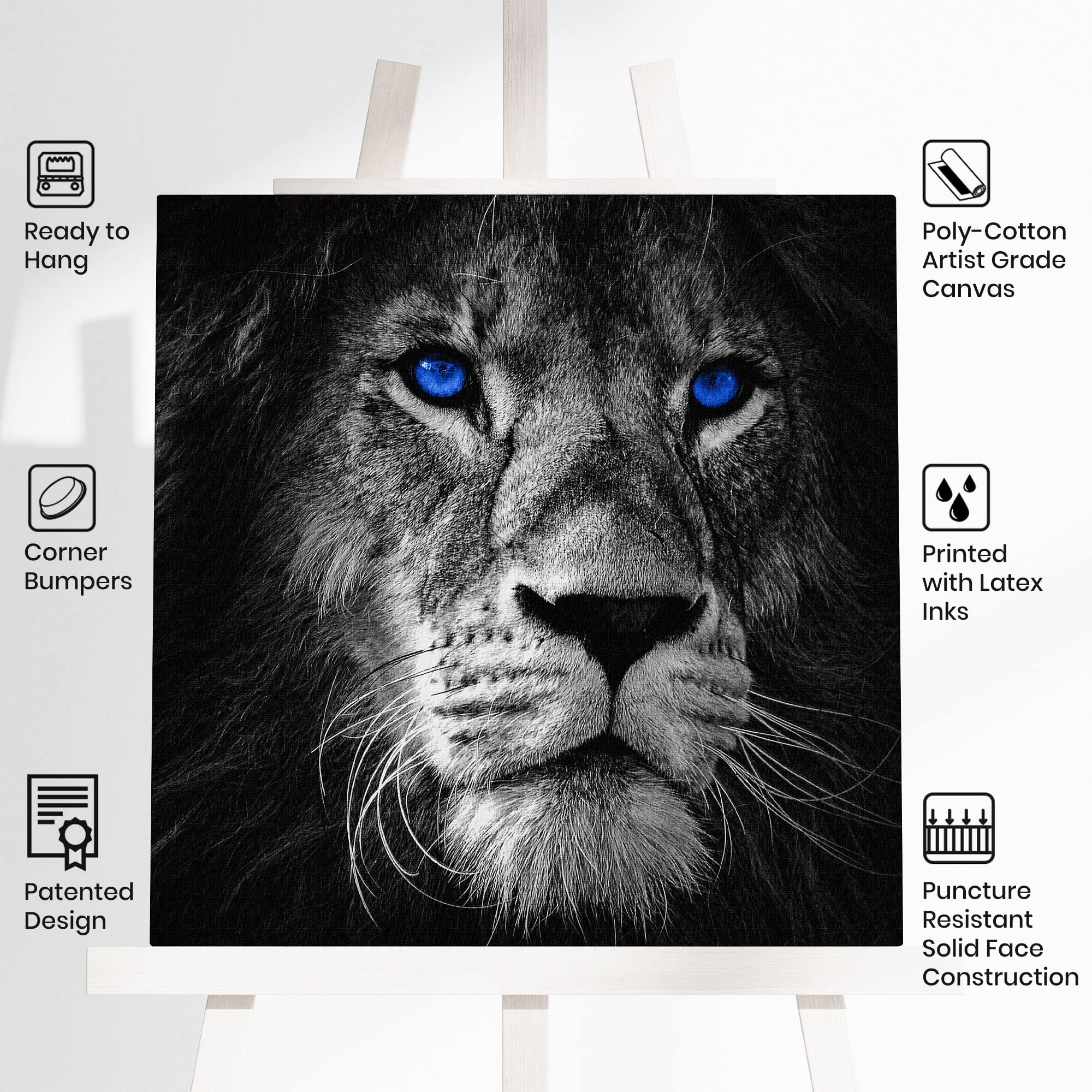 Close-up black and white lion portrait with vivid blue eyes on artist canvas displayed on wooden easel