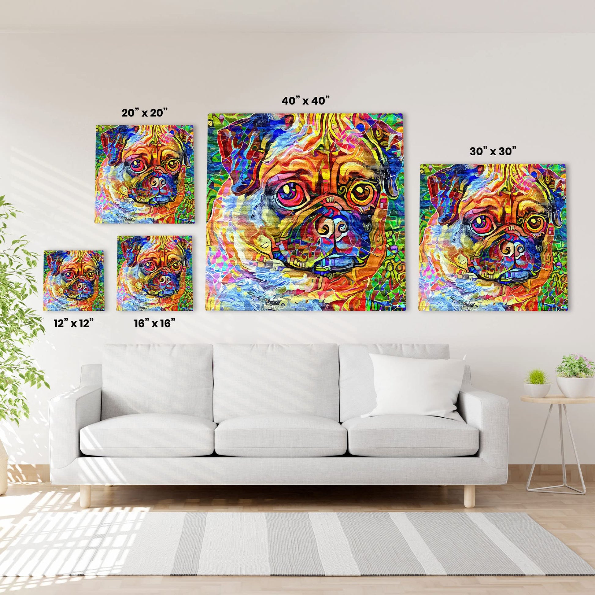 Bright abstract pug dog wall art with vibrant multicolor geometric and mosaic patterns on multiple canvases above white sofa