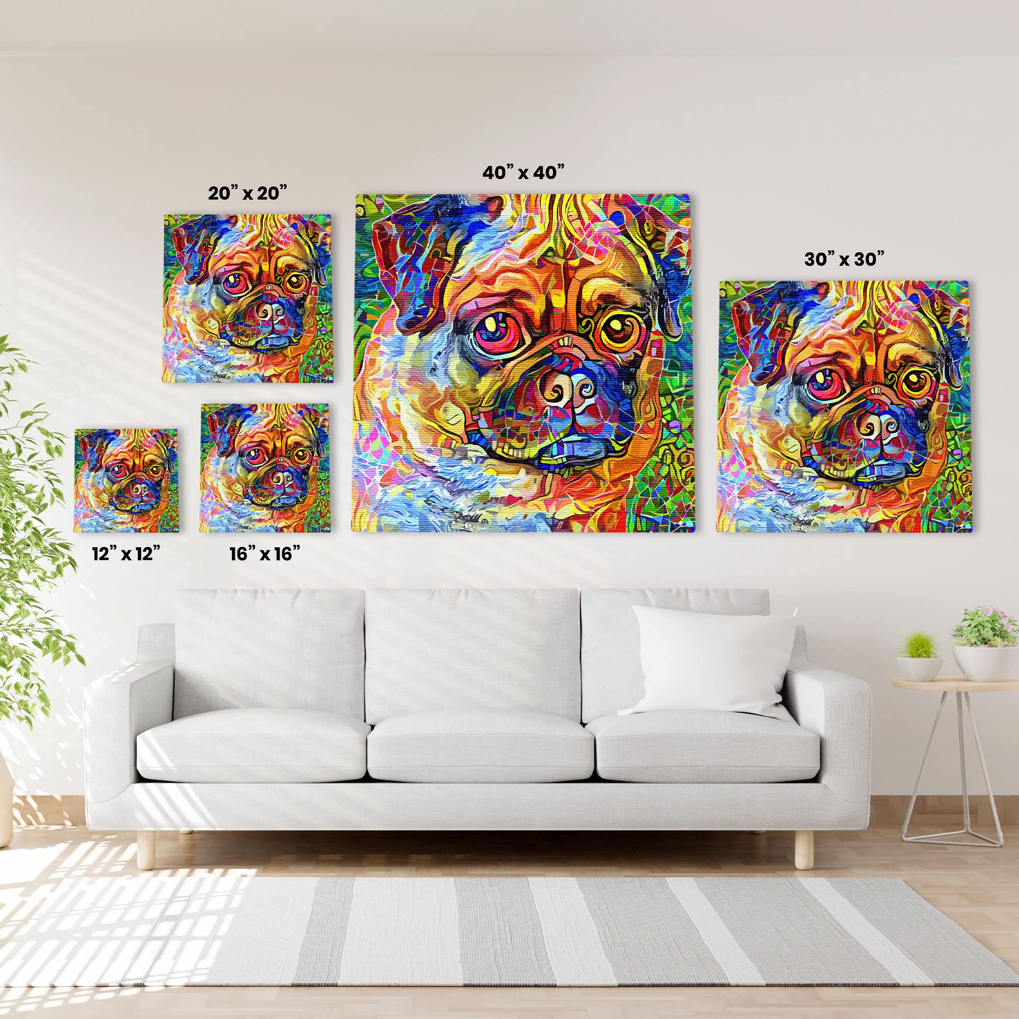 Bright abstract pug dog wall art with vibrant multicolor geometric and mosaic patterns on multiple canvases above white sofa