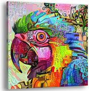 Abstract macaw painting with vivid colorful geometric and swirling patterns on square canvas modern wall art