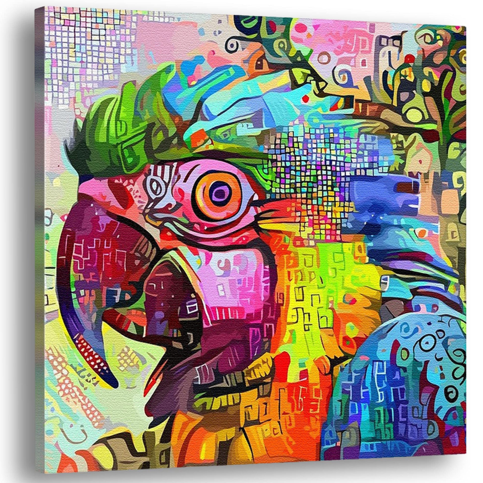 Abstract macaw painting with vivid colorful geometric and swirling patterns on square canvas modern wall art